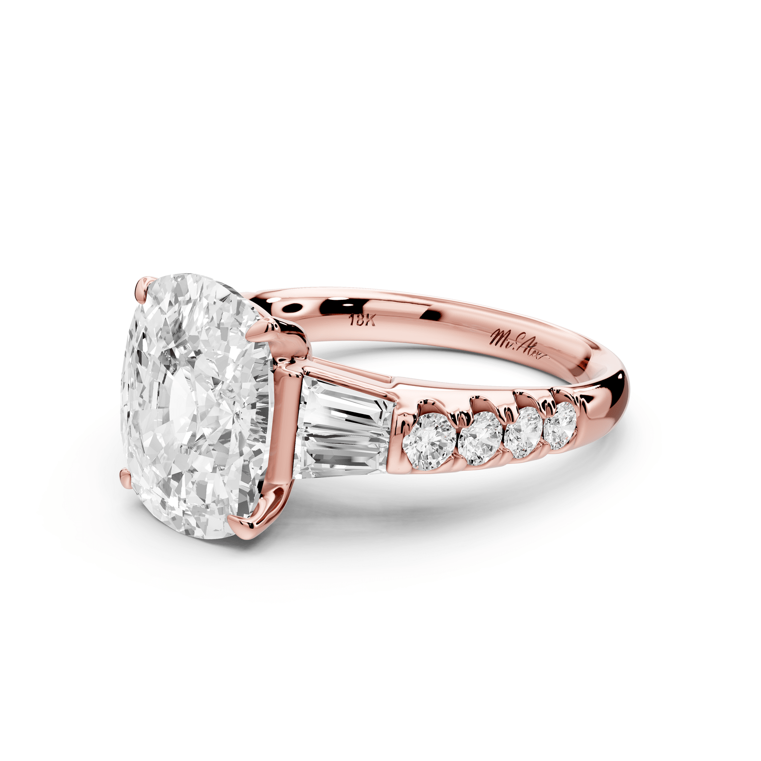 Aria - 5ct 18k rose gold Elongated Cushion Diamond with tapered baguettes and round accent stones engagement ring - Mr. Alex Jewelry