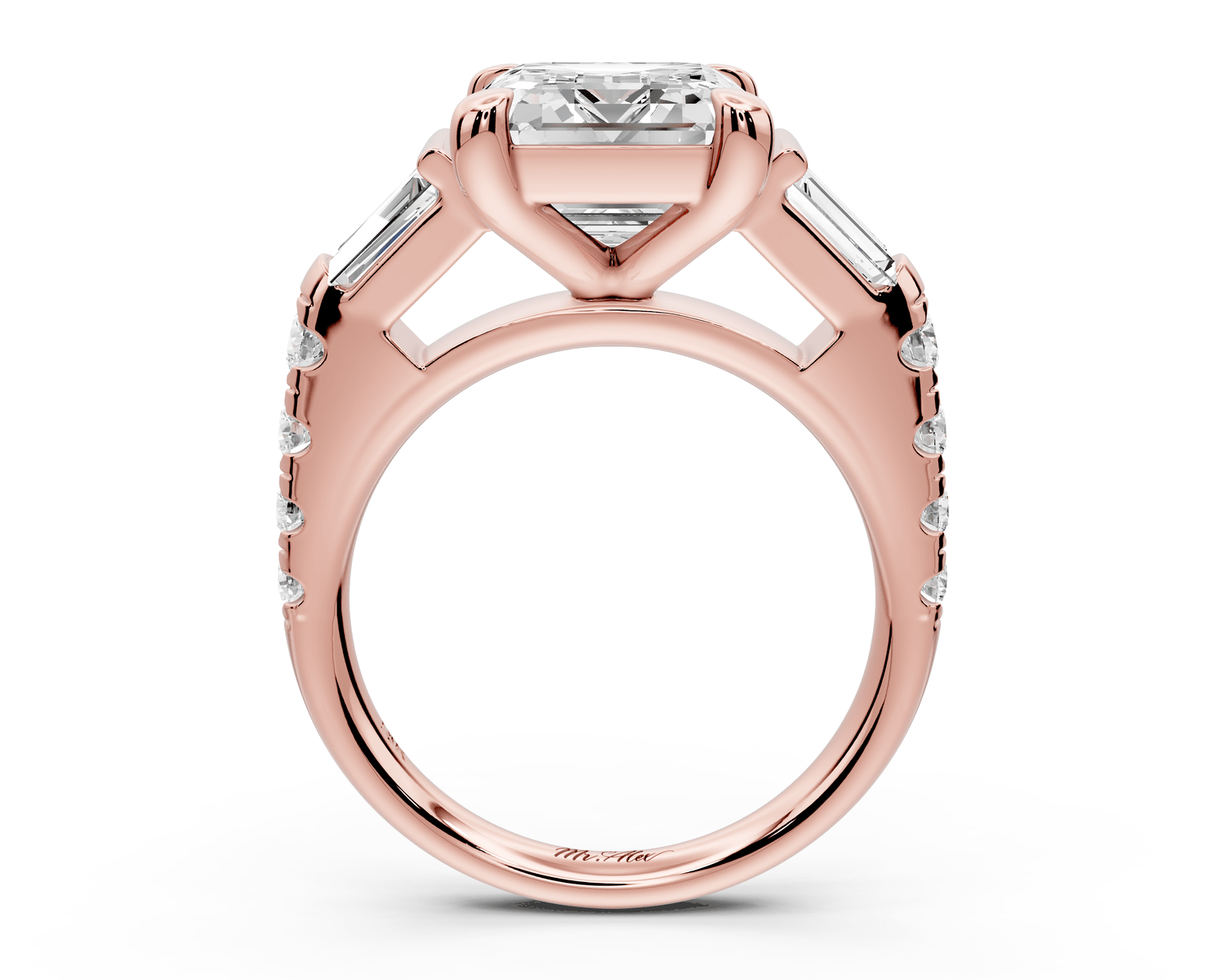 Aria - 5ct 18k rose gold emerald Diamond with tapered baguettes and round accent stones Engagement ring - Mr. Alex Jewelry