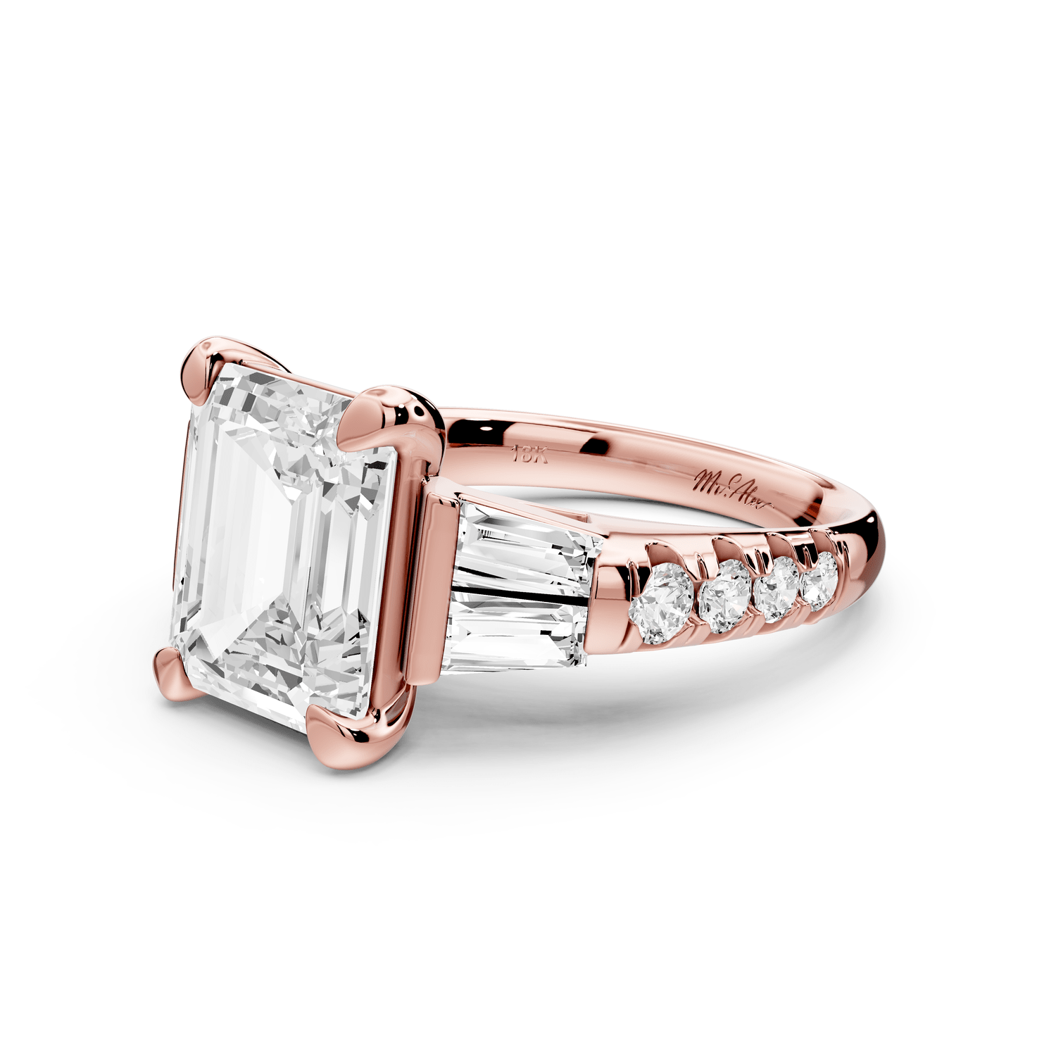Aria - 5ct 18k rose gold emerald Diamond with tapered baguettes and round accent stones Engagement ring - Mr. Alex Jewelry