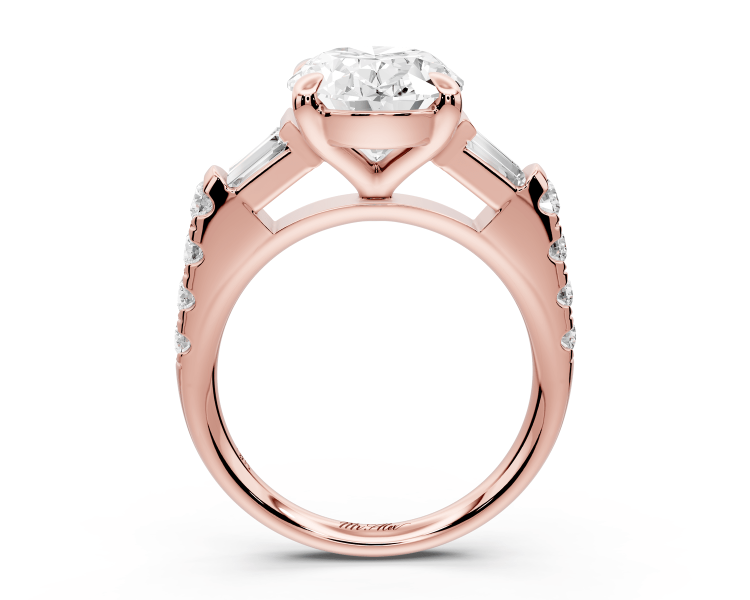 Aria - 5ct 18k rose gold oval Diamond with tapered baguettes and round accent stones Engagement ring - Mr. Alex Jewelry