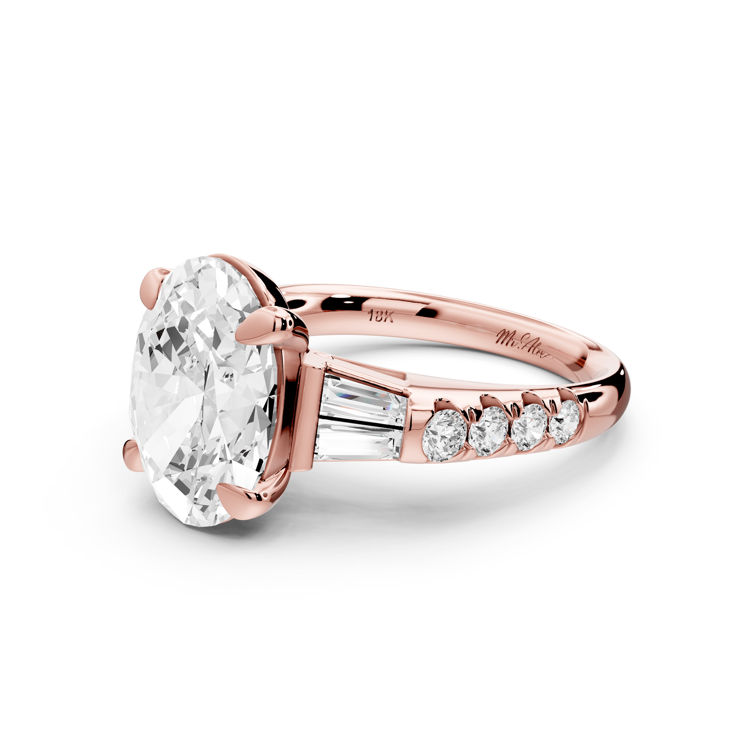 Aria - 5ct 18k rose gold oval Diamond with tapered baguettes and round accent stones Engagement ring - Mr. Alex Jewelry