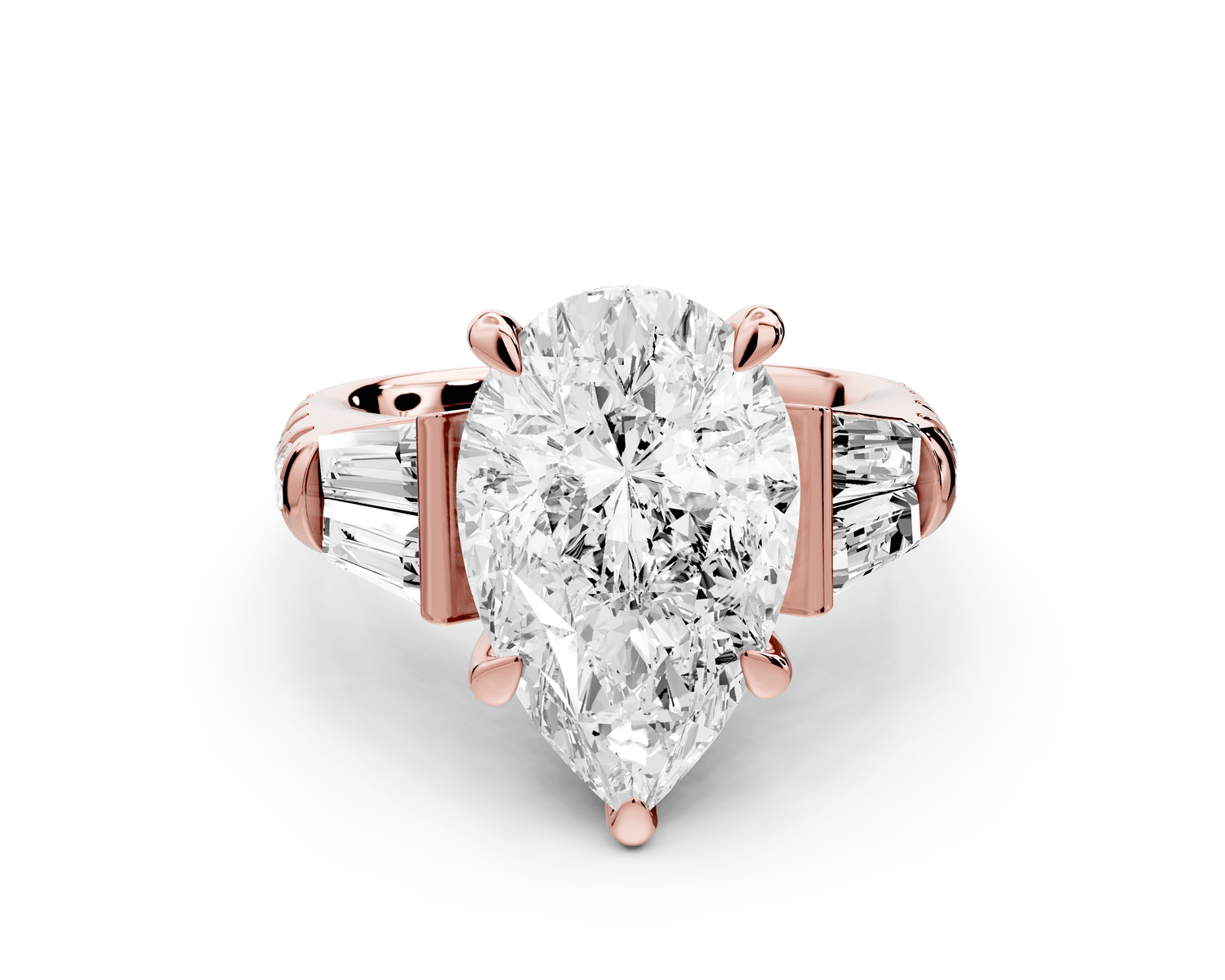 Aria - 5ct 18k rose gold pear Diamond with tapered baguettes and round accent stones Engagement ring - Mr. Alex Jewelry