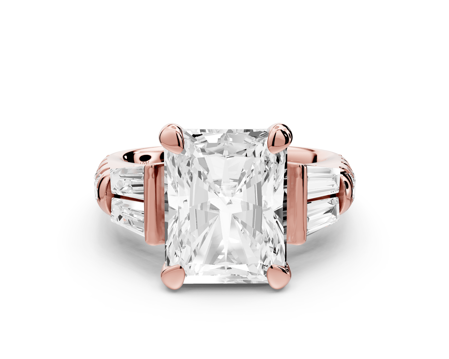 Aria - 5ct 18k rose gold radiant Diamond with tapered baguettes and round accent stones engagement ring - Mr. Alex Jewelry