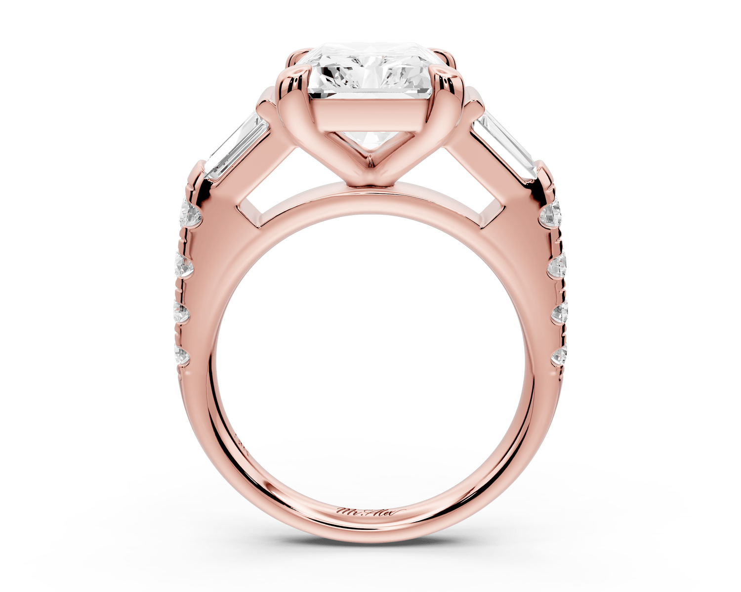Aria - 5ct 18k rose gold radiant Diamond with tapered baguettes and round accent stones engagement ring - Mr. Alex Jewelry