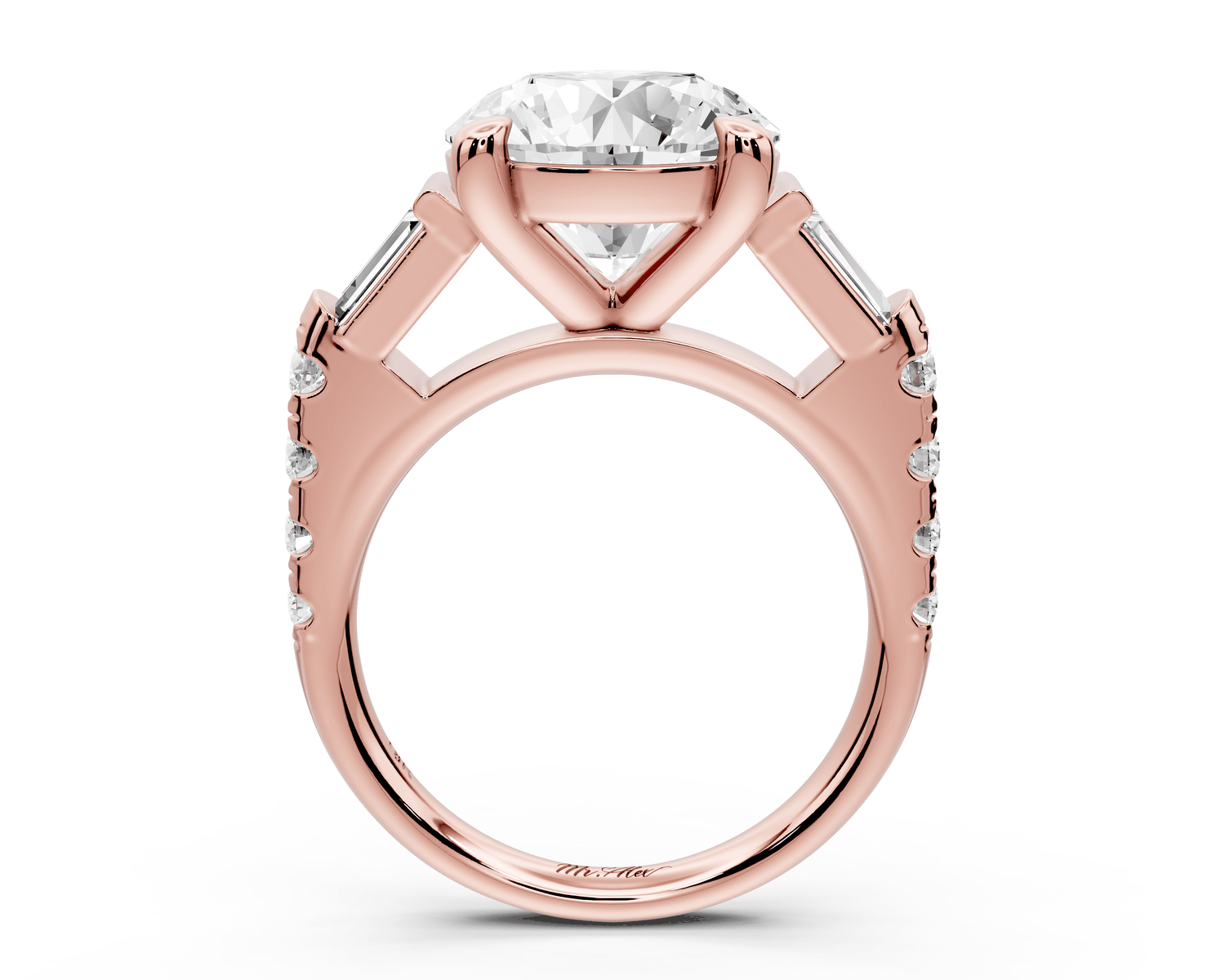 Aria - 5ct 18k rose gold round Diamond with tapered baguettes and round accent stones engagment ring - Mr. Alex Jewelry