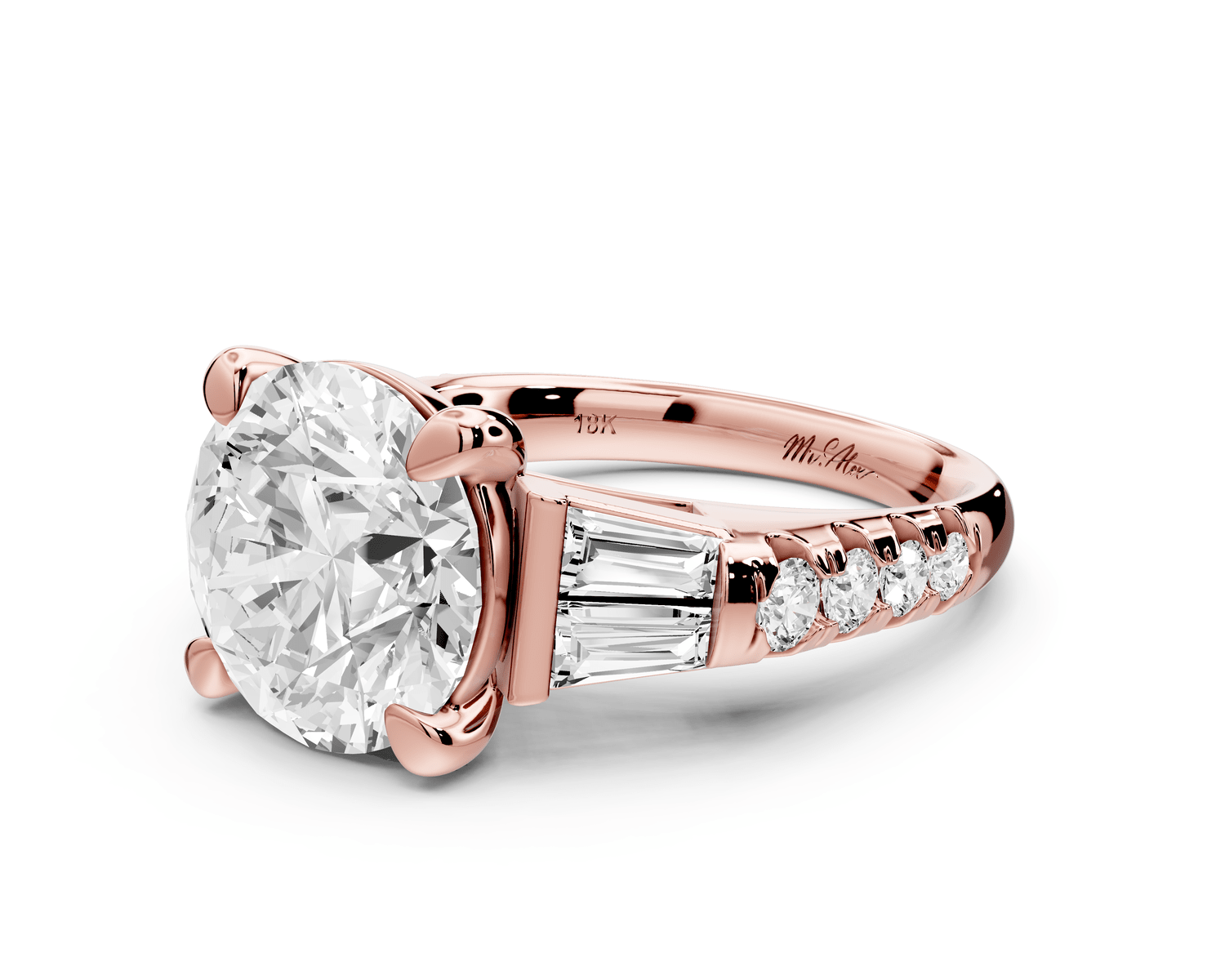 Aria - 5ct 18k rose gold round Diamond with tapered baguettes and round accent stones engagment ring - Mr. Alex Jewelry