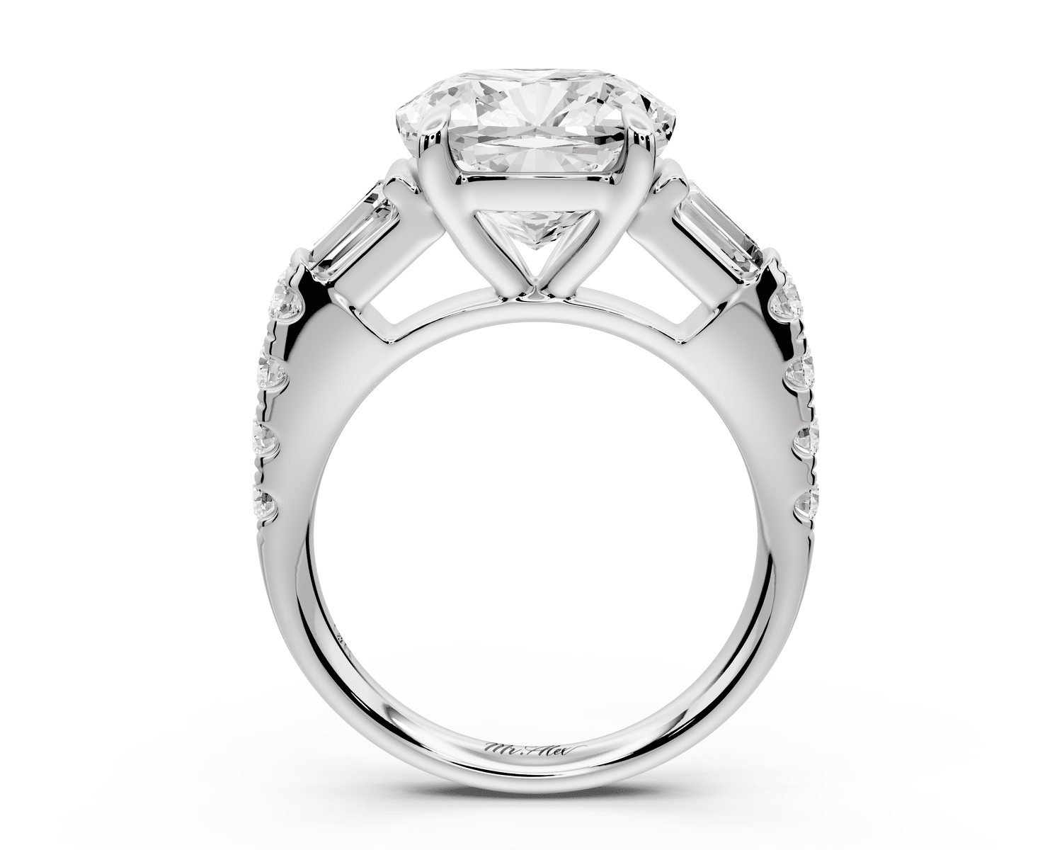 Aria - 5ct 18k white gold cushion Diamond with tapered baguettes and round accent stones engagement ring - Mr. Alex Jewelry
