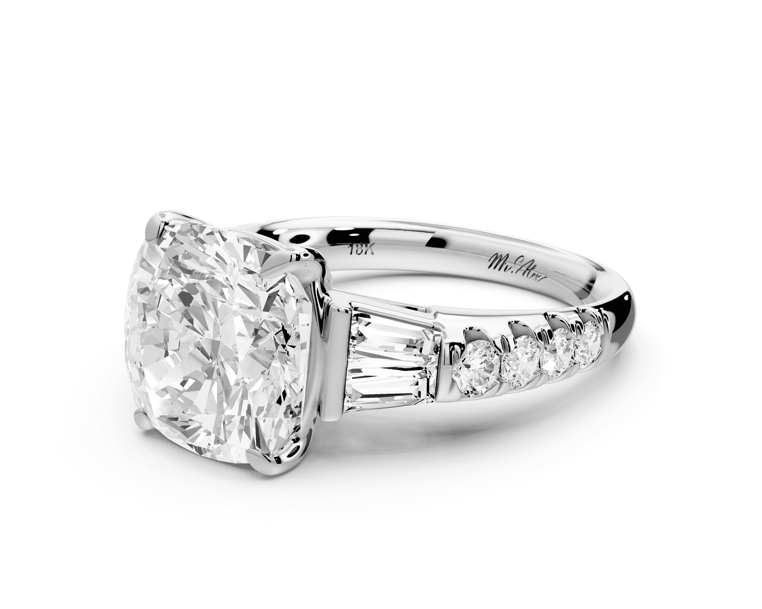 Aria - 5ct 18k white gold cushion Diamond with tapered baguettes and round accent stones engagement ring - Mr. Alex Jewelry