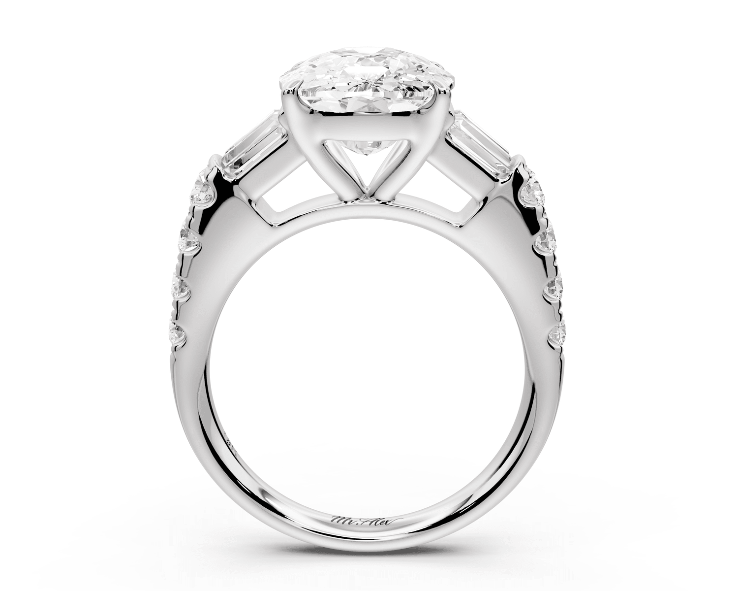 Aria - 5ct 18k white gold Elongated Cushion Diamond with tapered baguettes and round accent stones engagement ring - Mr. Alex Jewelry