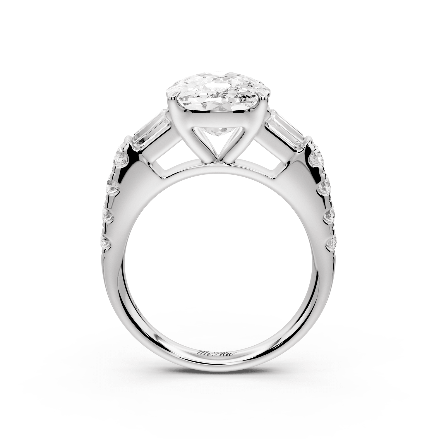 Aria - 5ct 18k white gold Elongated Cushion Diamond with tapered baguettes and round accent stones engagement ring - Mr. Alex Jewelry