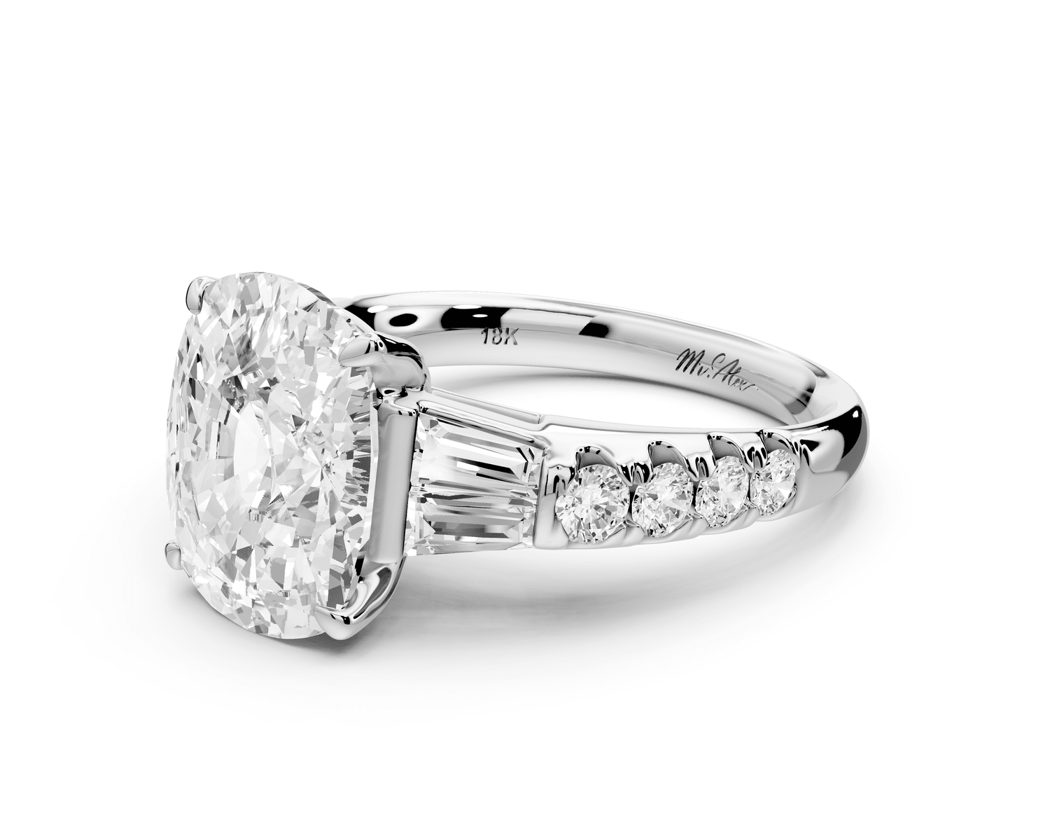 Aria - 5ct 18k white gold Elongated Cushion Diamond with tapered baguettes and round accent stones engagement ring - Mr. Alex Jewelry