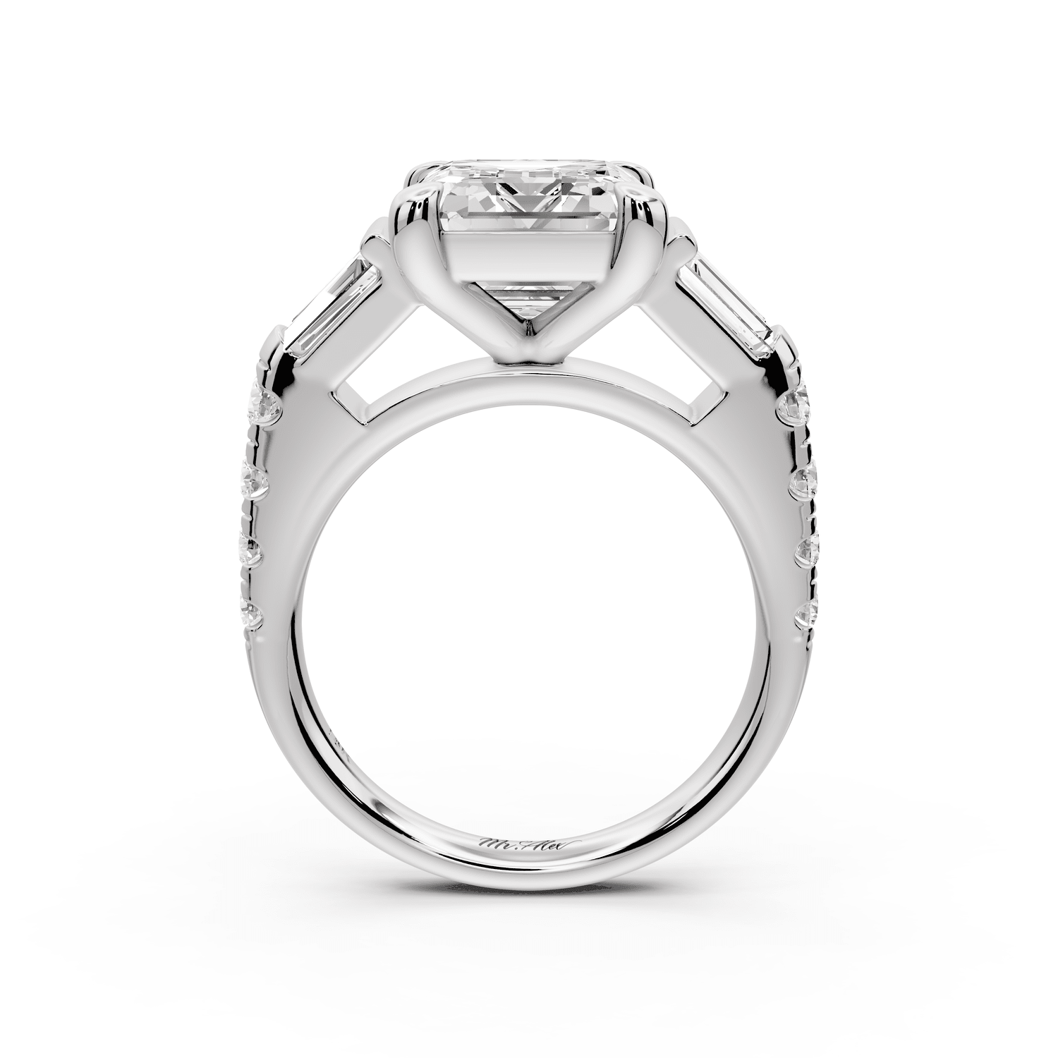 Aria - 5ct 18k white gold emerald Diamond with tapered baguettes and round accent stones Engagement ring - Mr. Alex Jewelry