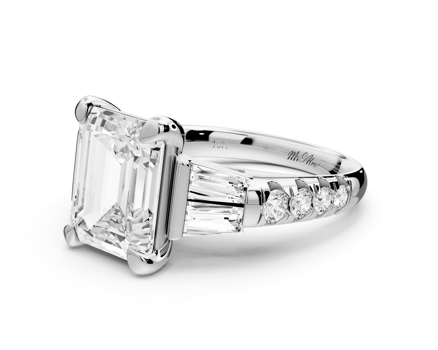 Aria - 5ct 18k white gold emerald Diamond with tapered baguettes and round accent stones Engagement ring - Mr. Alex Jewelry