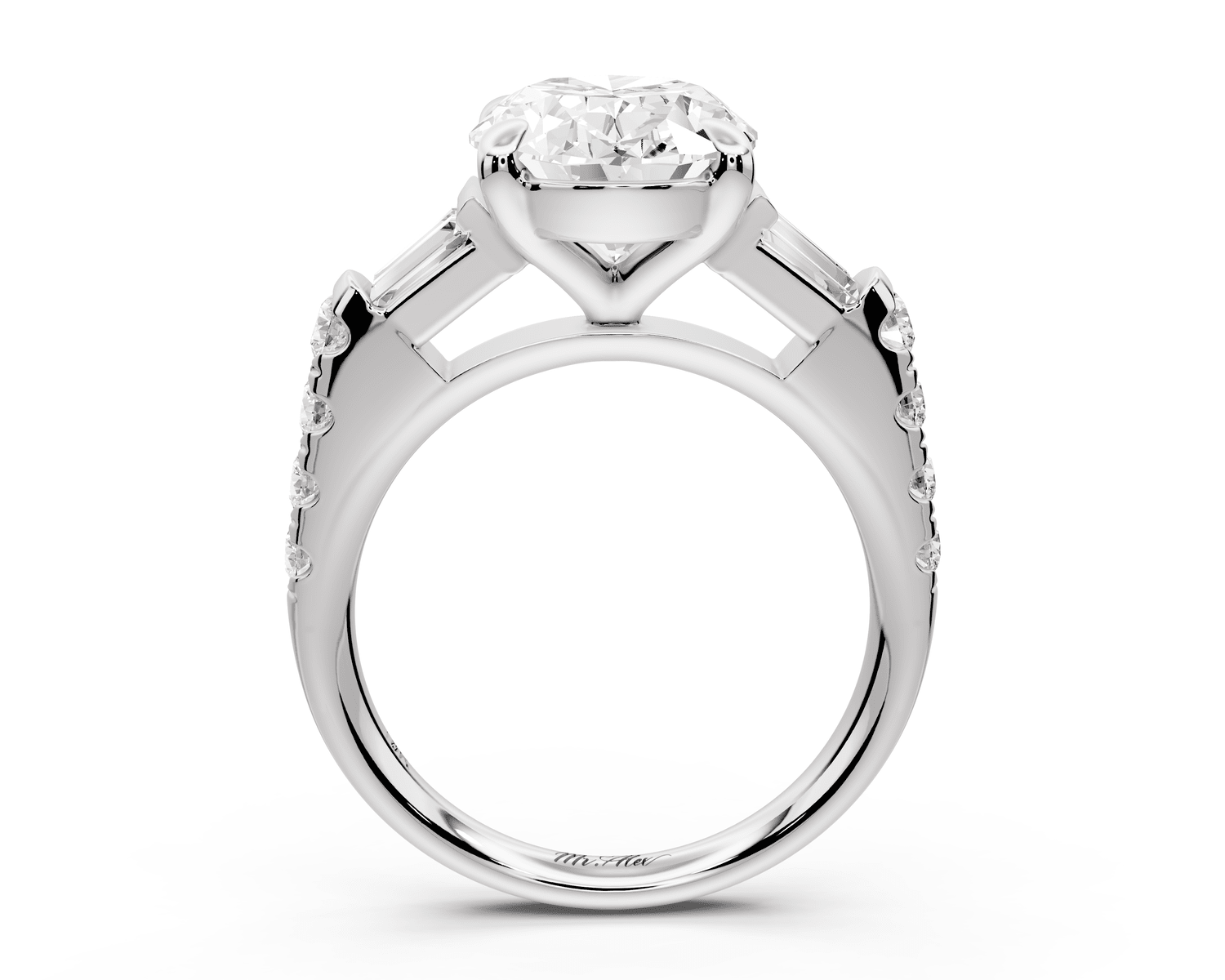 Aria - 5ct 18k white gold oval Diamond with tapered baguettes and round accent stones Engagement ring - Mr. Alex Jewelry