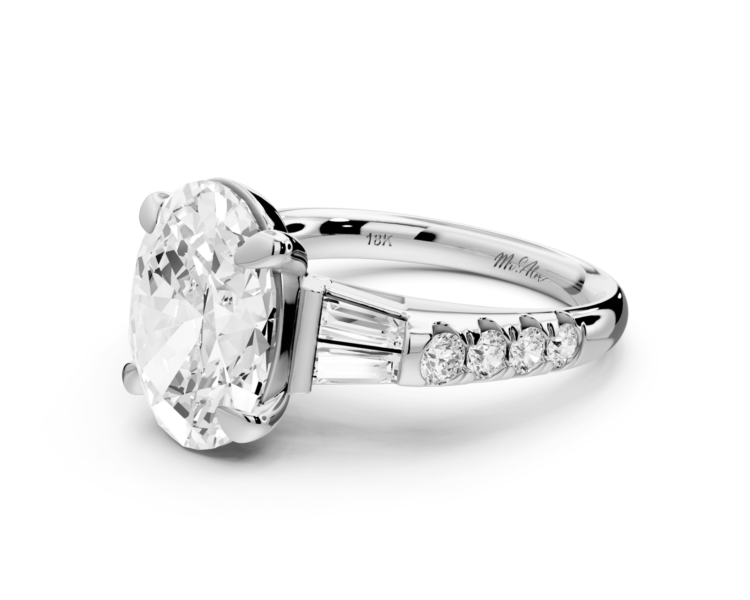 Aria - 5ct 18k white gold oval Diamond with tapered baguettes and round accent stones Engagement ring - Mr. Alex Jewelry