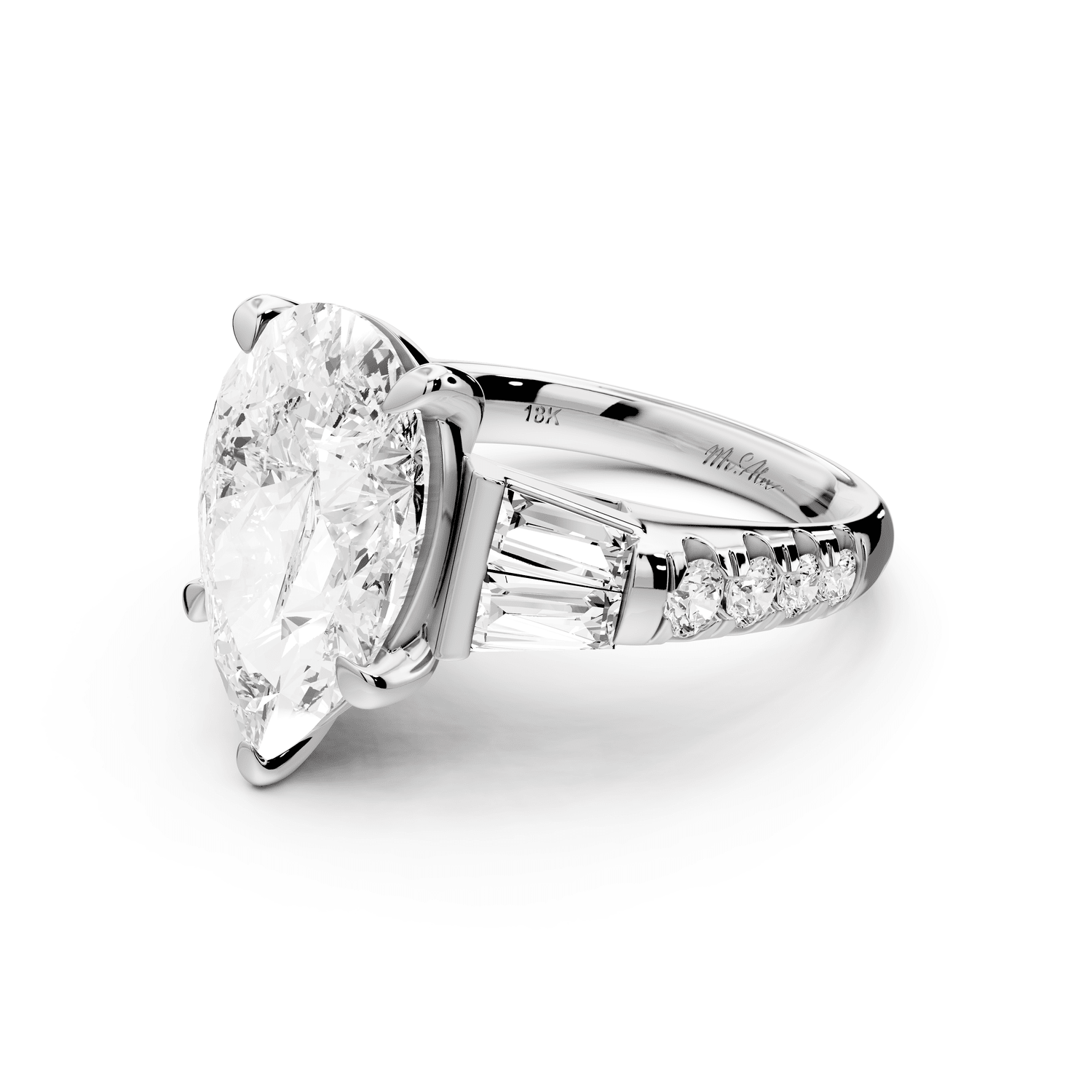 Aria - 5ct 18k white gold pear Diamond with tapered baguettes and round accent stones Engagement ring - Mr. Alex Jewelry