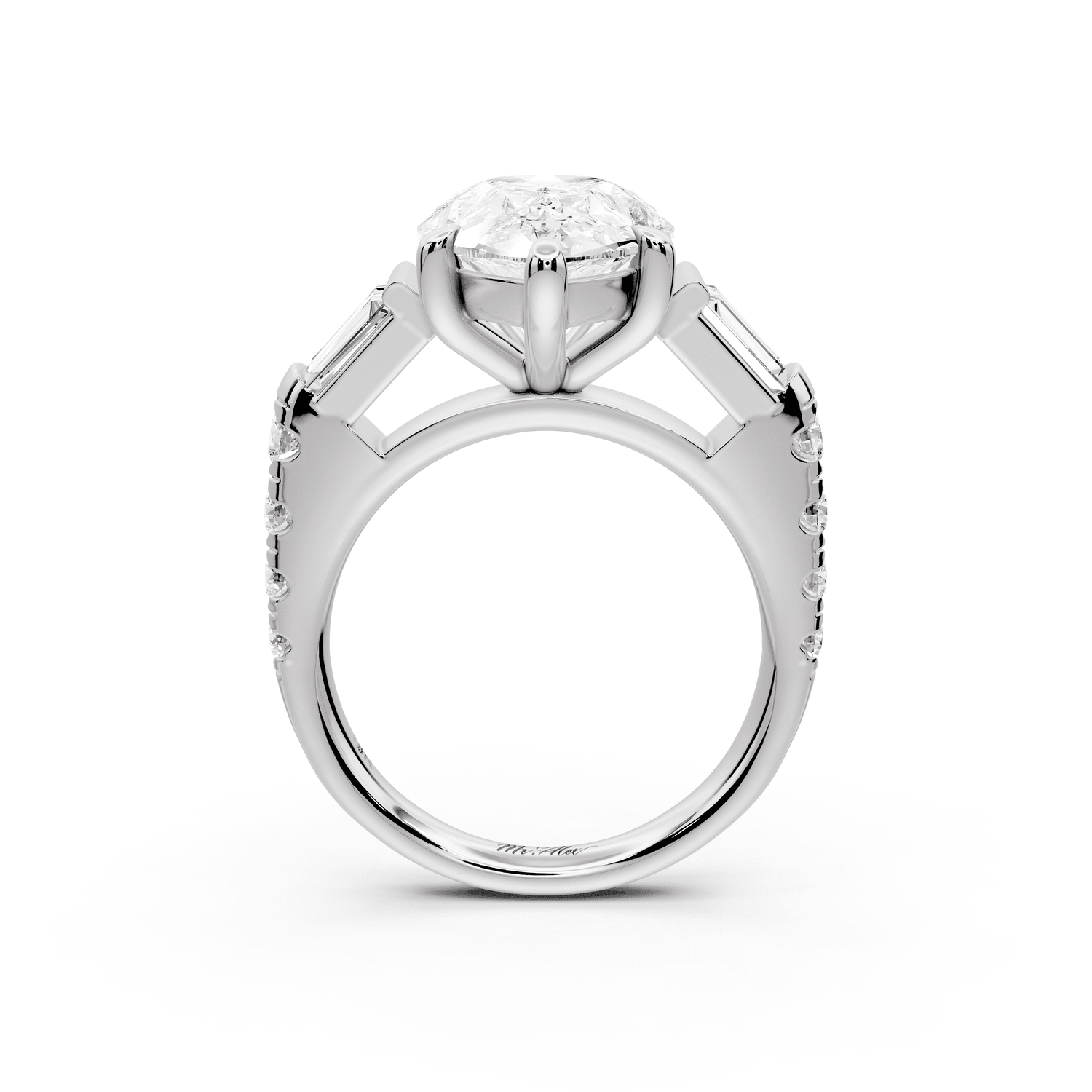 Aria - 5ct 18k white gold pear Diamond with tapered baguettes and round accent stones Engagement ring - Mr. Alex Jewelry