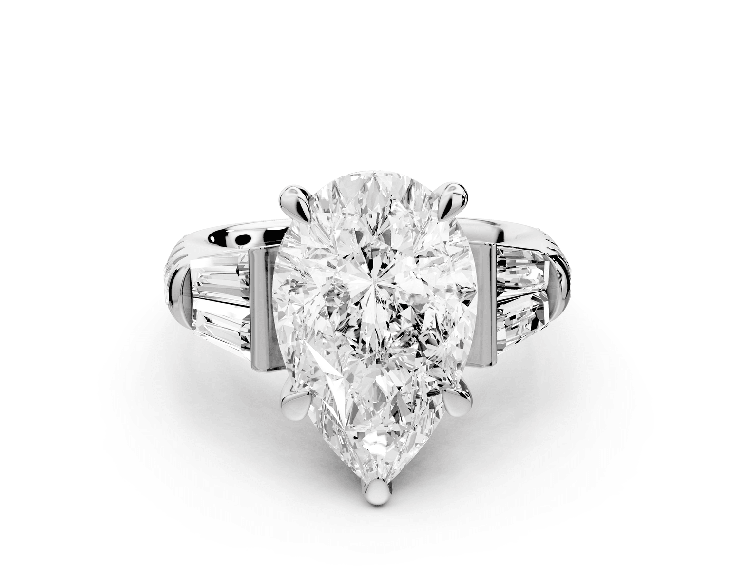 Aria - 5ct 18k white gold pear Diamond with tapered baguettes and round accent stones Engagement ring - Mr. Alex Jewelry
