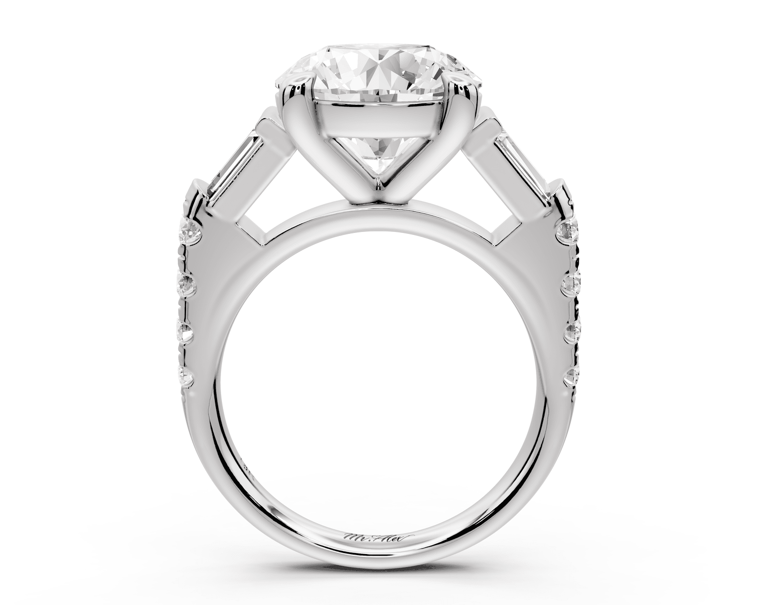 Aria - 5ct 18k white gold round Diamond with tapered baguettes and round accent stones engagment ring - Mr. Alex Jewelry