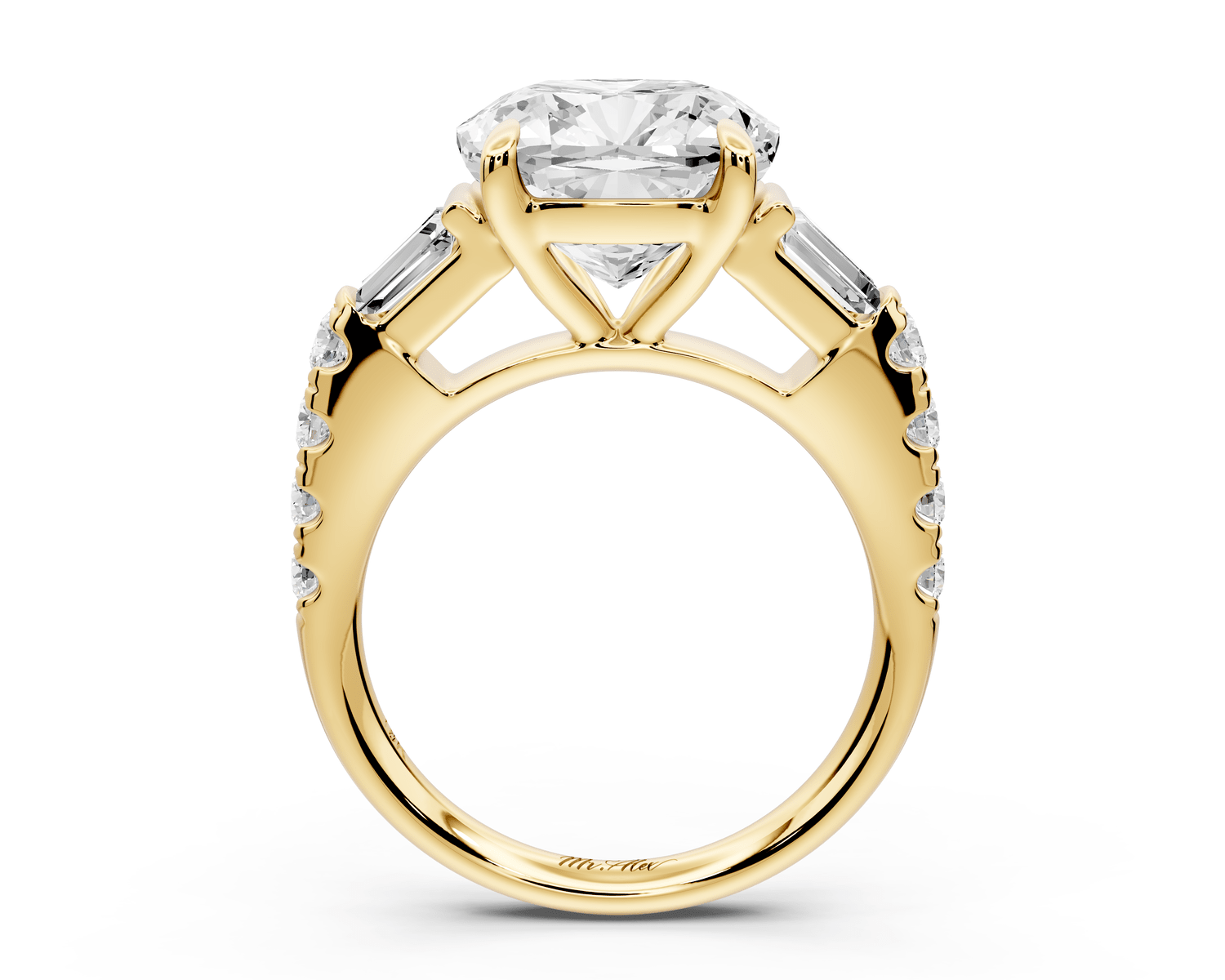 Aria - 5ct 18k yellow gold cushion Diamond with tapered baguettes and round accent stones engagement ring - Mr. Alex Jewelry