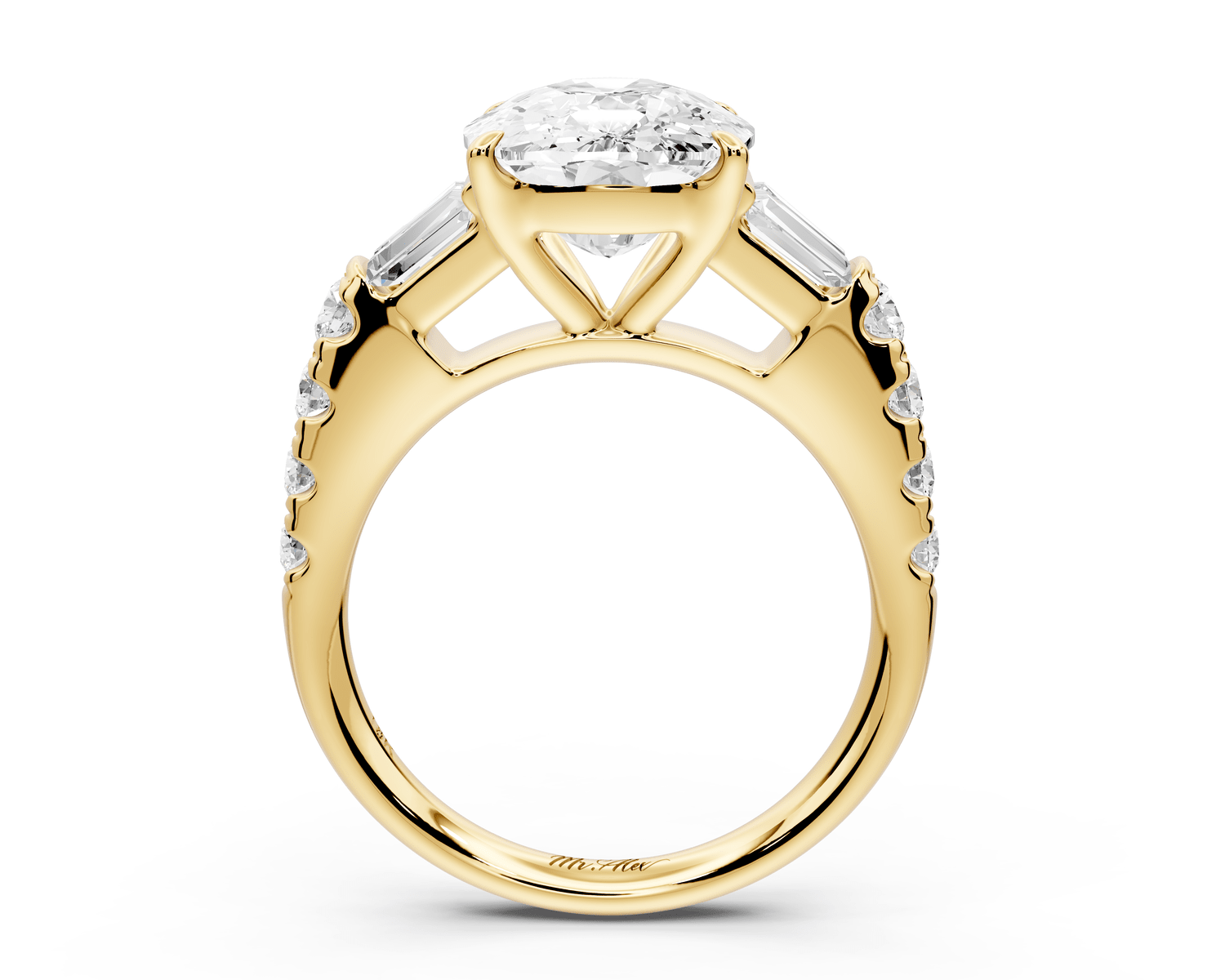 Aria - 5ct 18k yellow gold Elongated Cushion Diamond with tapered baguettes and round accent stones engagement ring - Mr. Alex Jewelry