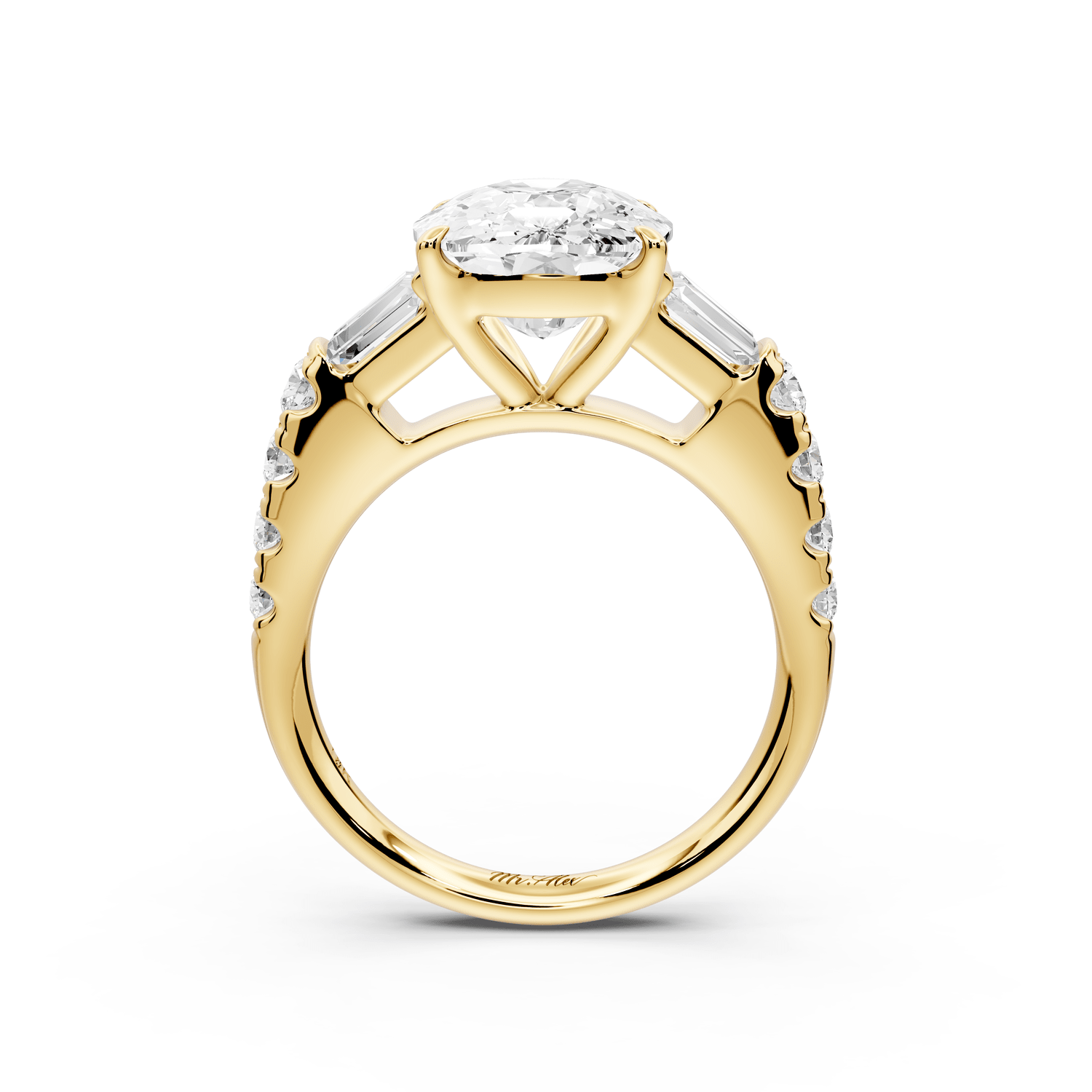 Aria - 5ct 18k yellow gold Elongated Cushion Diamond with tapered baguettes and round accent stones engagement ring - Mr. Alex Jewelry