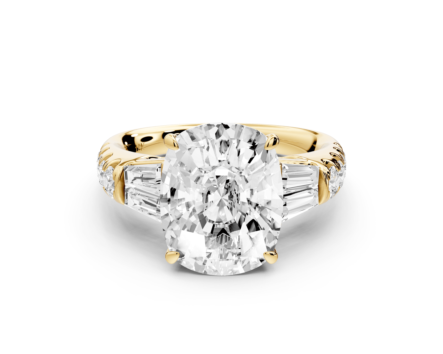 Aria - 5ct 18k yellow gold Elongated Cushion Diamond with tapered baguettes and round accent stones engagement ring - Mr. Alex Jewelry