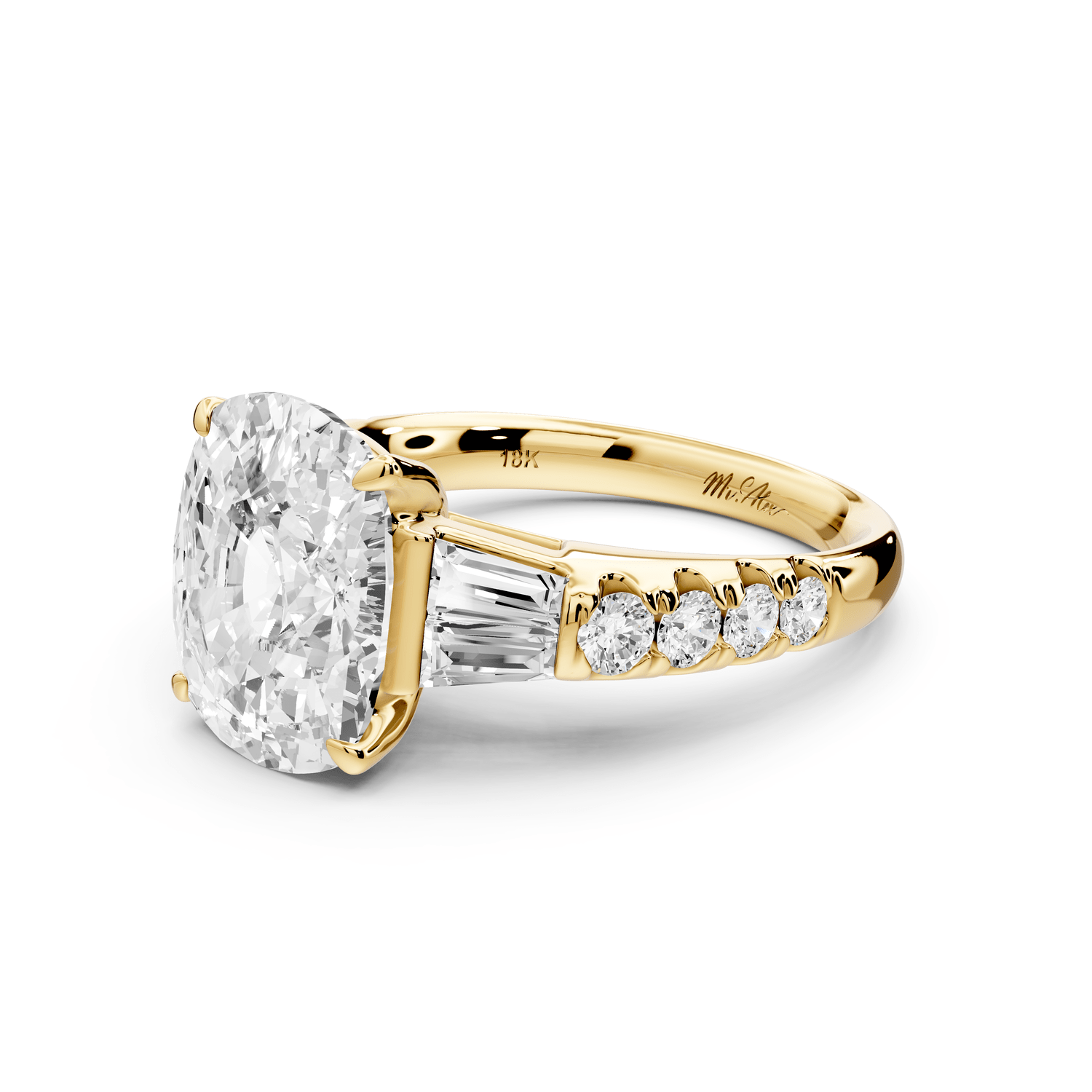 Aria - 5ct 18k yellow gold Elongated Cushion Diamond with tapered baguettes and round accent stones engagement ring - Mr. Alex Jewelry