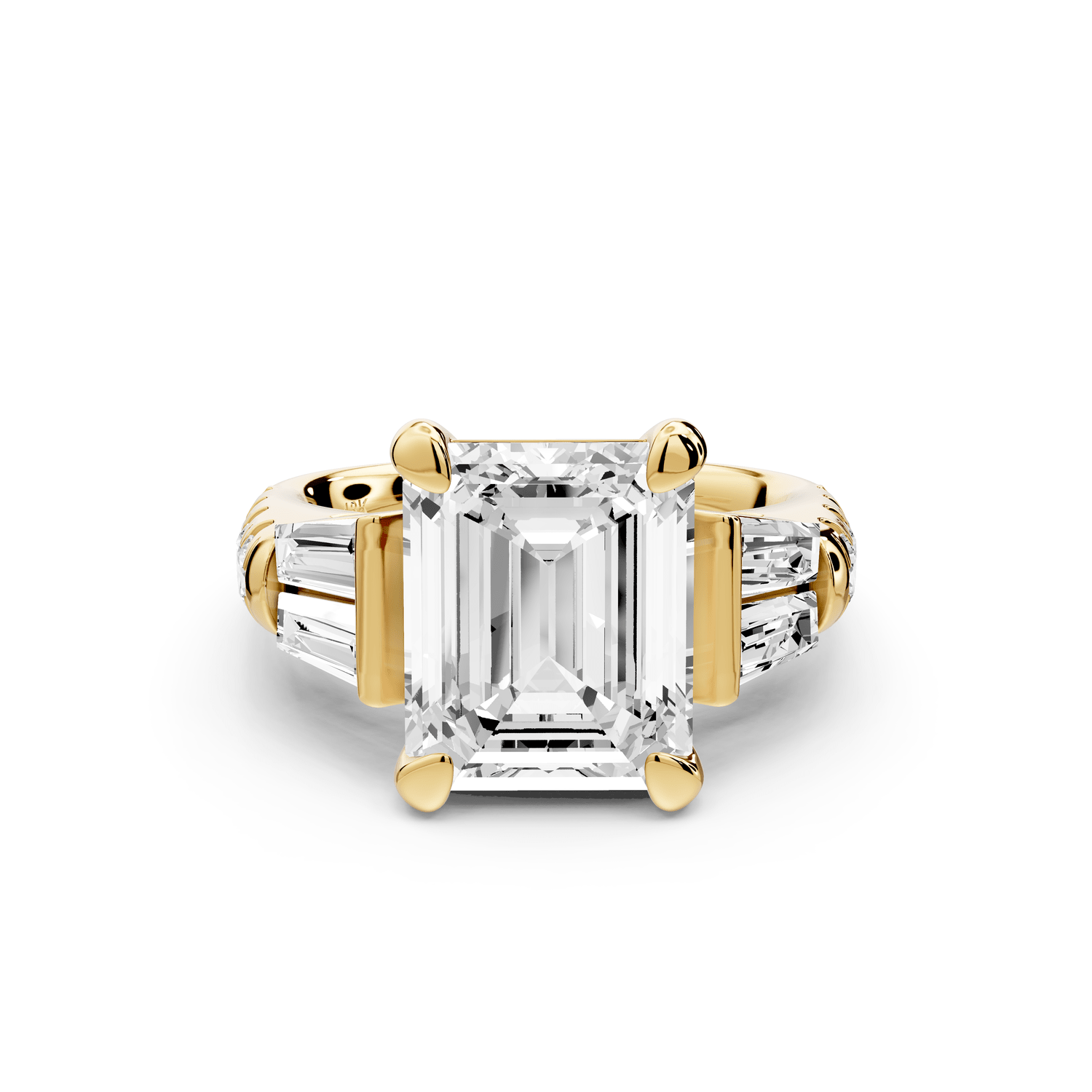 Aria - 5ct 18k yellow gold emerald Diamond with tapered baguettes and round accent stones Engagement ring - Mr. Alex Jewelry
