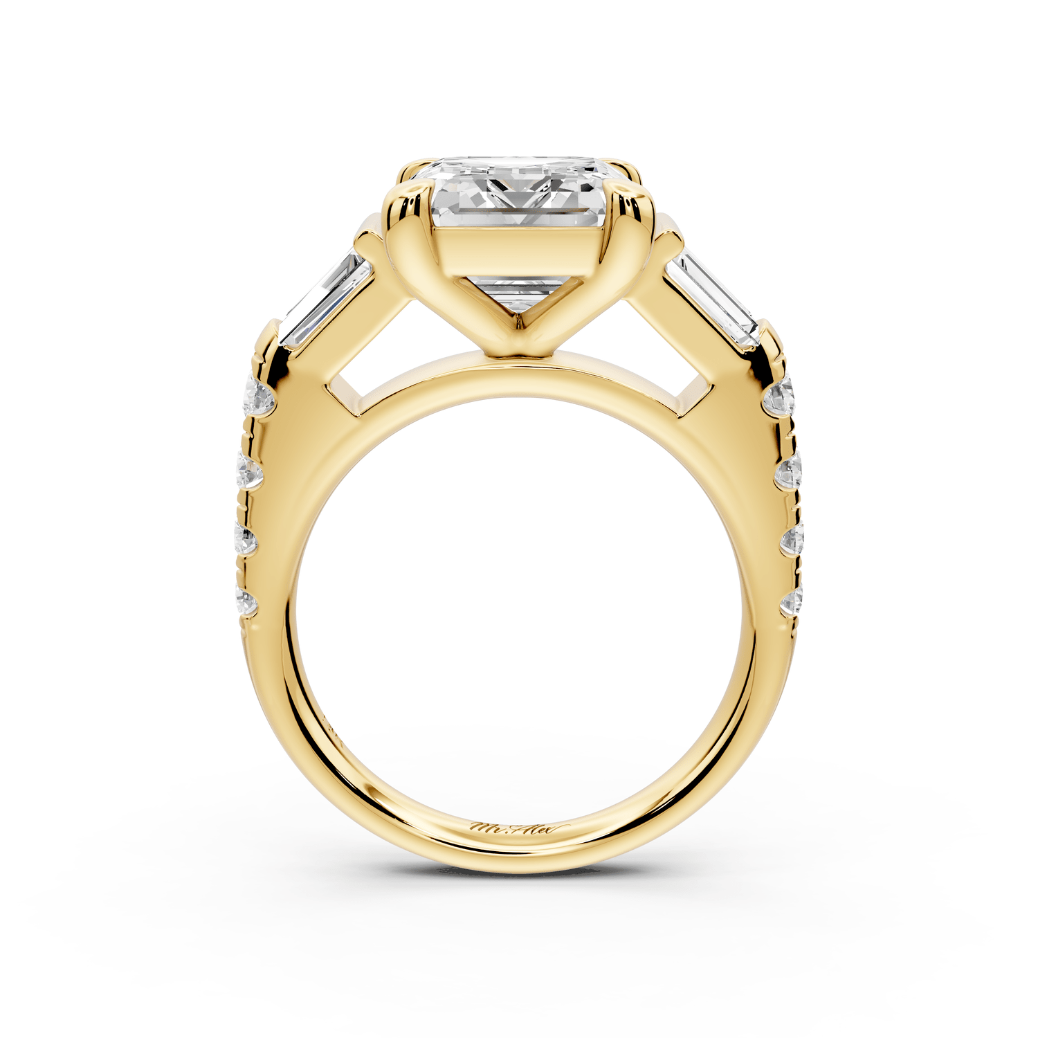 Aria - 5ct 18k yellow gold emerald Diamond with tapered baguettes and round accent stones Engagement ring - Mr. Alex Jewelry
