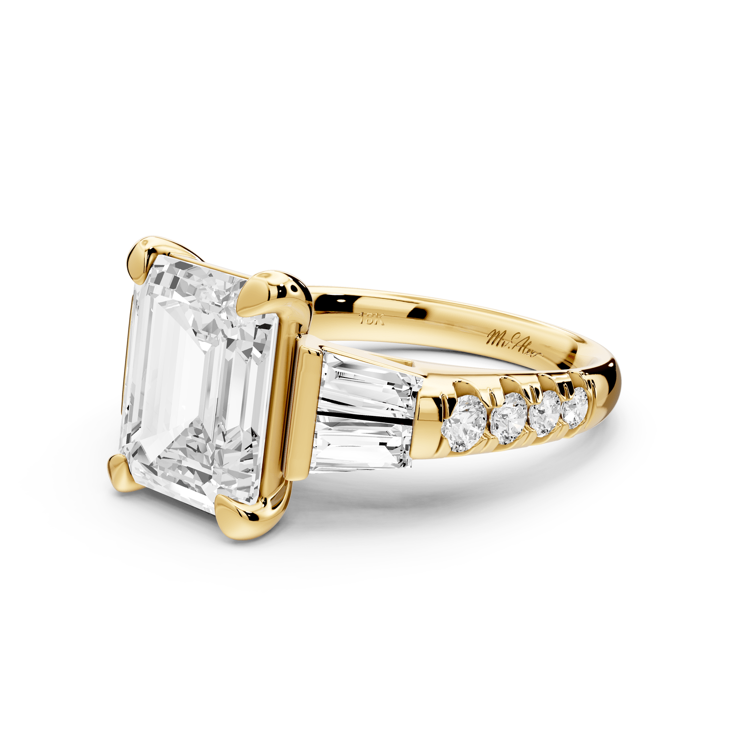 Aria - 5ct 18k yellow gold emerald Diamond with tapered baguettes and round accent stones Engagement ring - Mr. Alex Jewelry