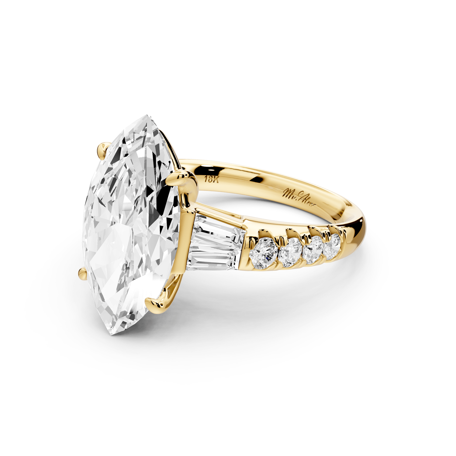 Aria - 5ct 18k yellow gold marquise Diamond with tapered baguettes and round accent stones engagement ring - Mr. Alex Jewelry