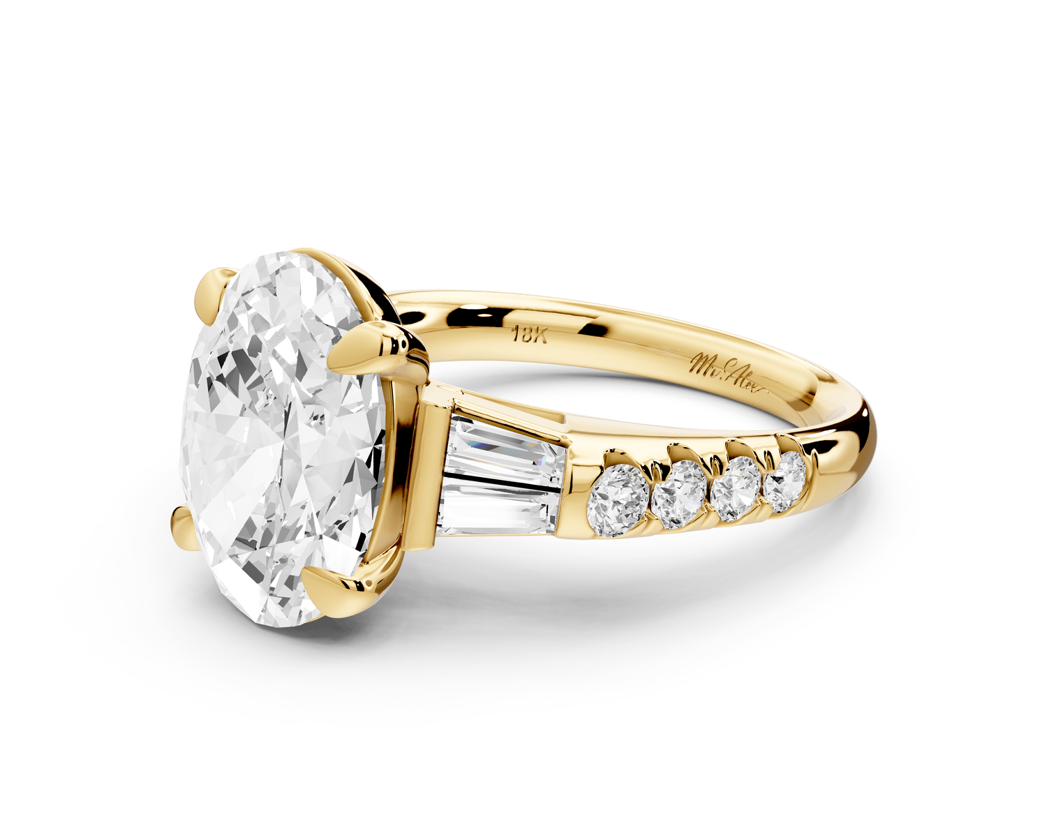 Aria - 5ct 18k yellow gold oval Diamond with tapered baguettes and round accent stones Engagement ring - Mr. Alex Jewelry