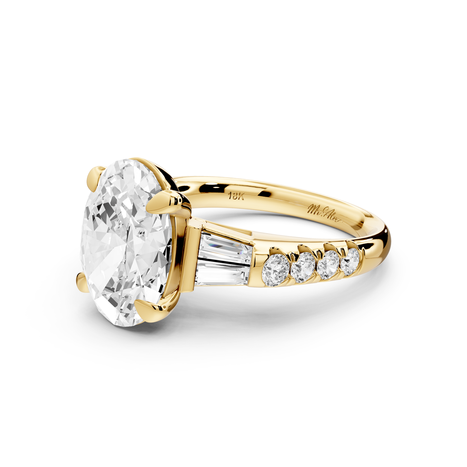 Aria - 5ct 18k yellow gold oval Diamond with tapered baguettes and round accent stones Engagement ring - Mr. Alex Jewelry