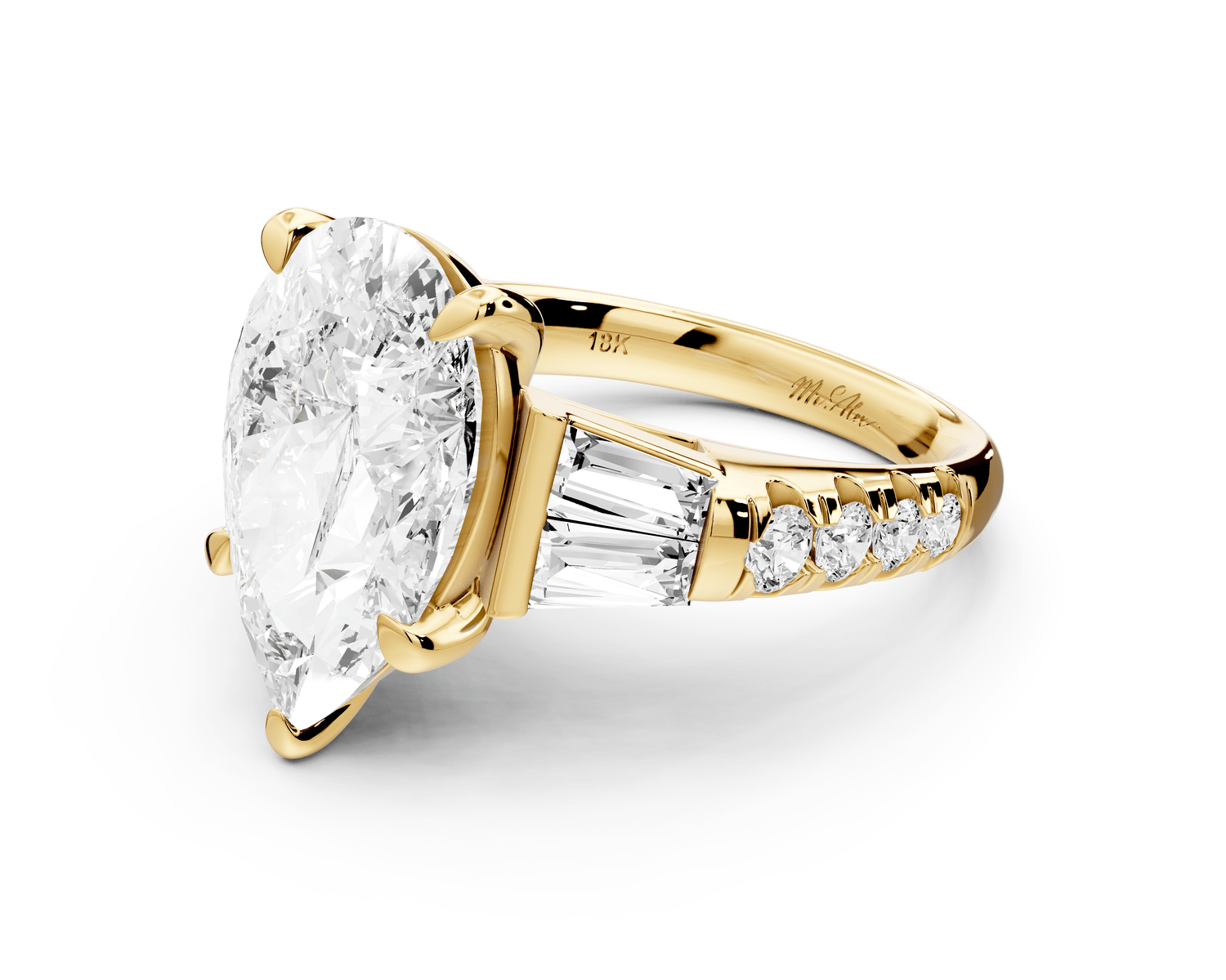 Aria - 5ct 18k yellow gold pear Diamond with tapered baguettes and round accent stones Engagement ring - Mr. Alex Jewelry