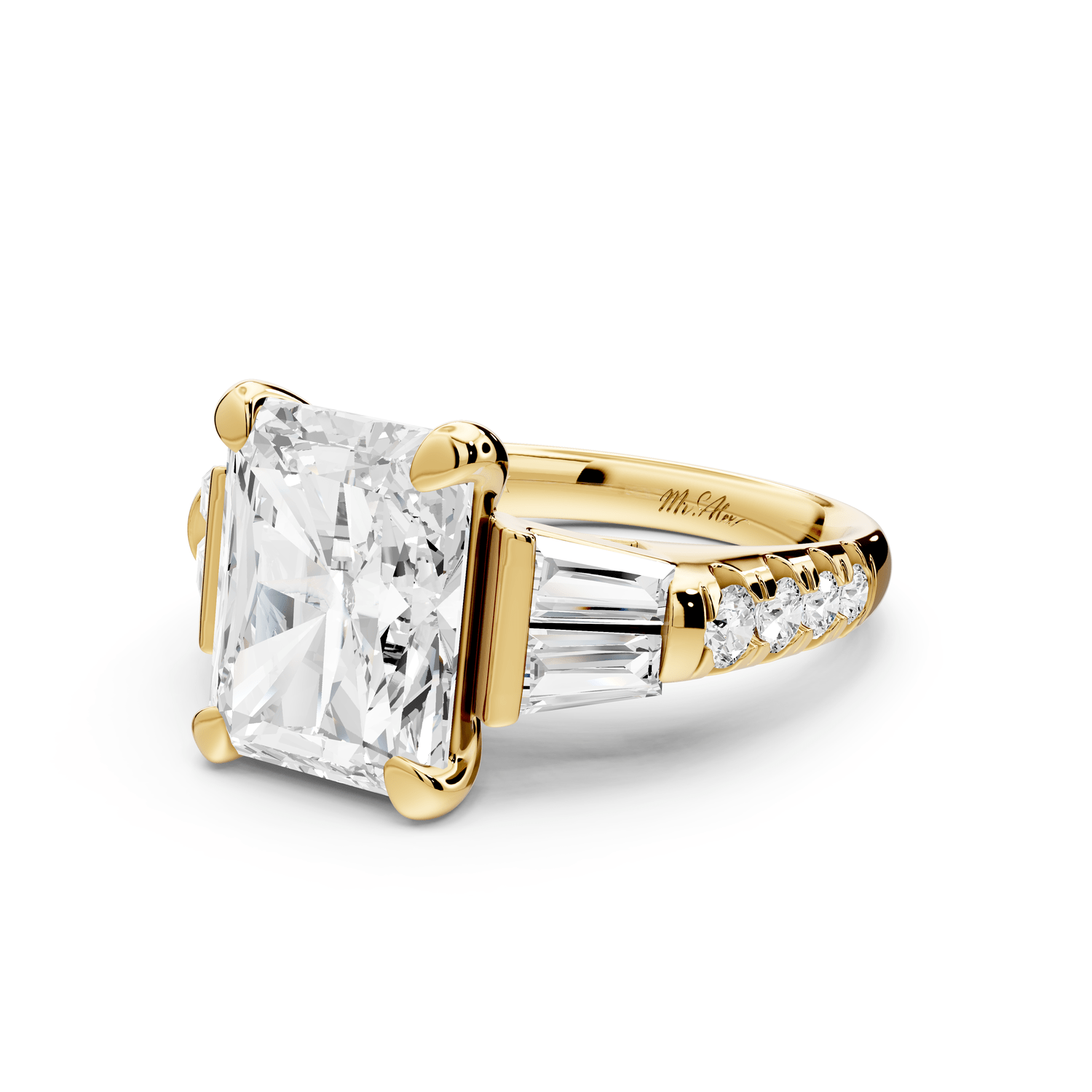 Aria - 5ct 18k yellow gold radiant Diamond with tapered baguettes and round accent stones engagement ring - Mr. Alex Jewelry