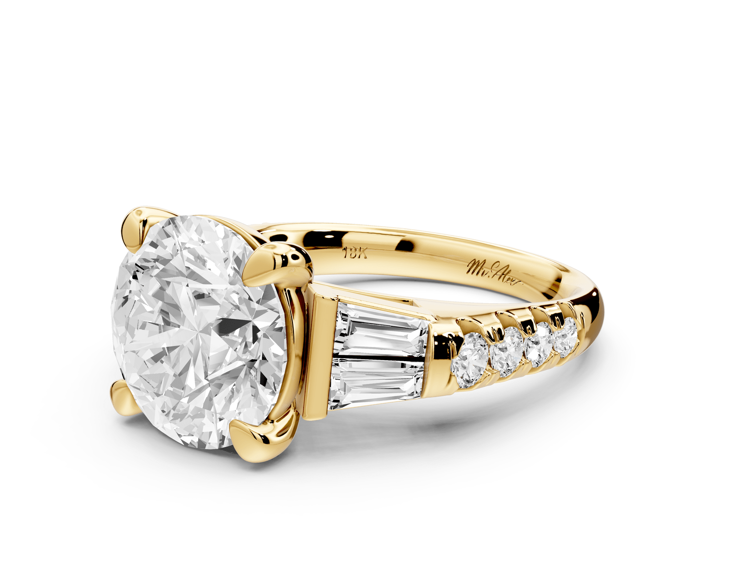 Aria - 5ct 18k yellow gold round Diamond with tapered baguettes and round accent stones engagment ring - Mr. Alex Jewelry