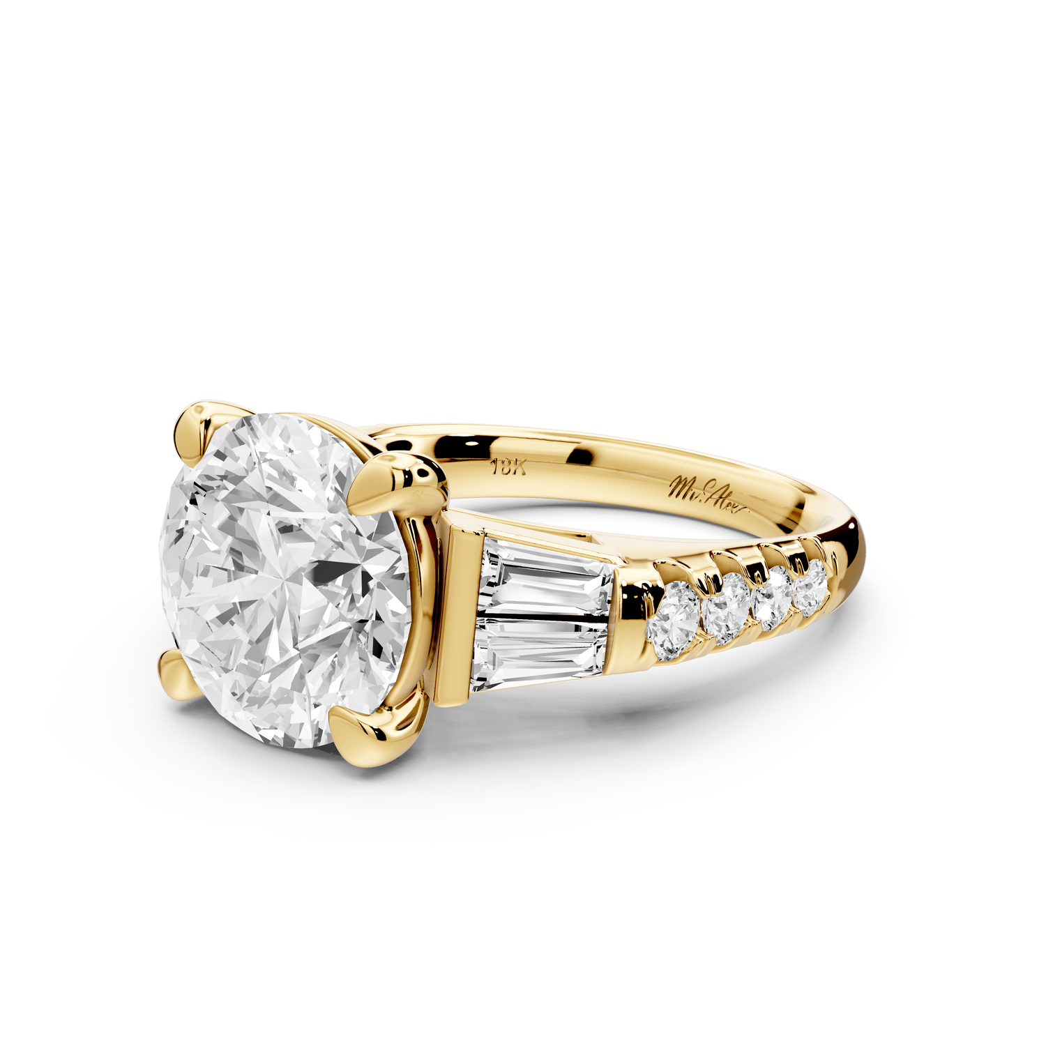 Aria - 5ct 18k yellow gold round Diamond with tapered baguettes and round accent stones engagment ring - Mr. Alex Jewelry