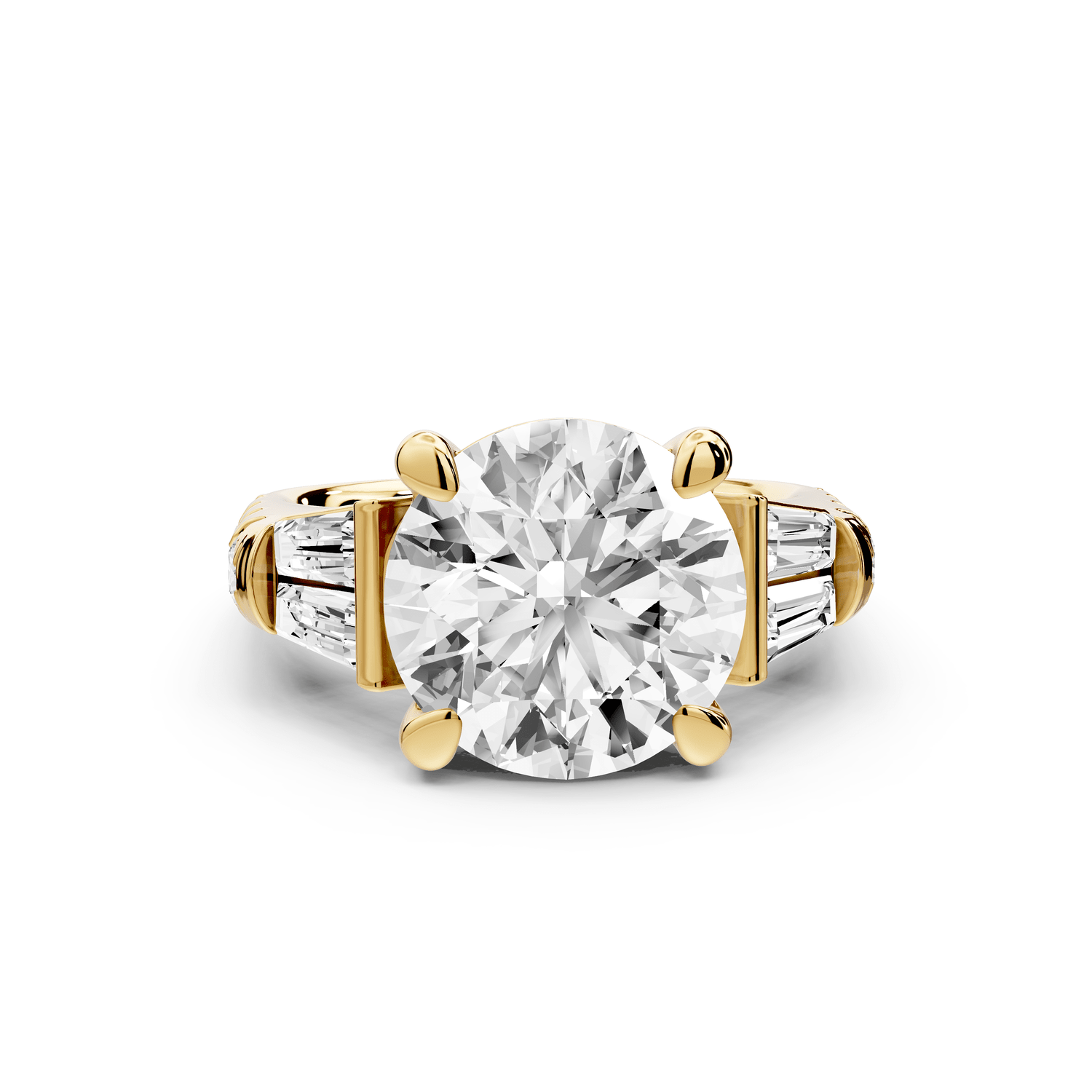 Aria - 5ct 18k yellow gold round Diamond with tapered baguettes and round accent stones engagment ring - Mr. Alex Jewelry
