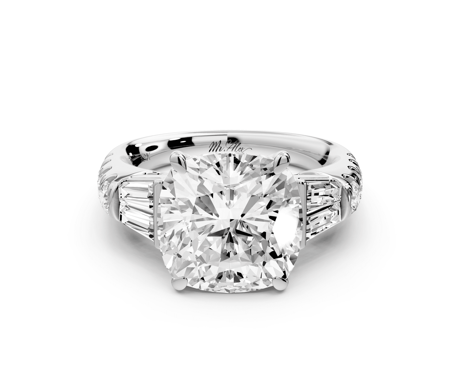 Aria - 5ct platinum cushion Diamond with tapered baguettes and round accent stones engagement ring - Mr. Alex Jewelry