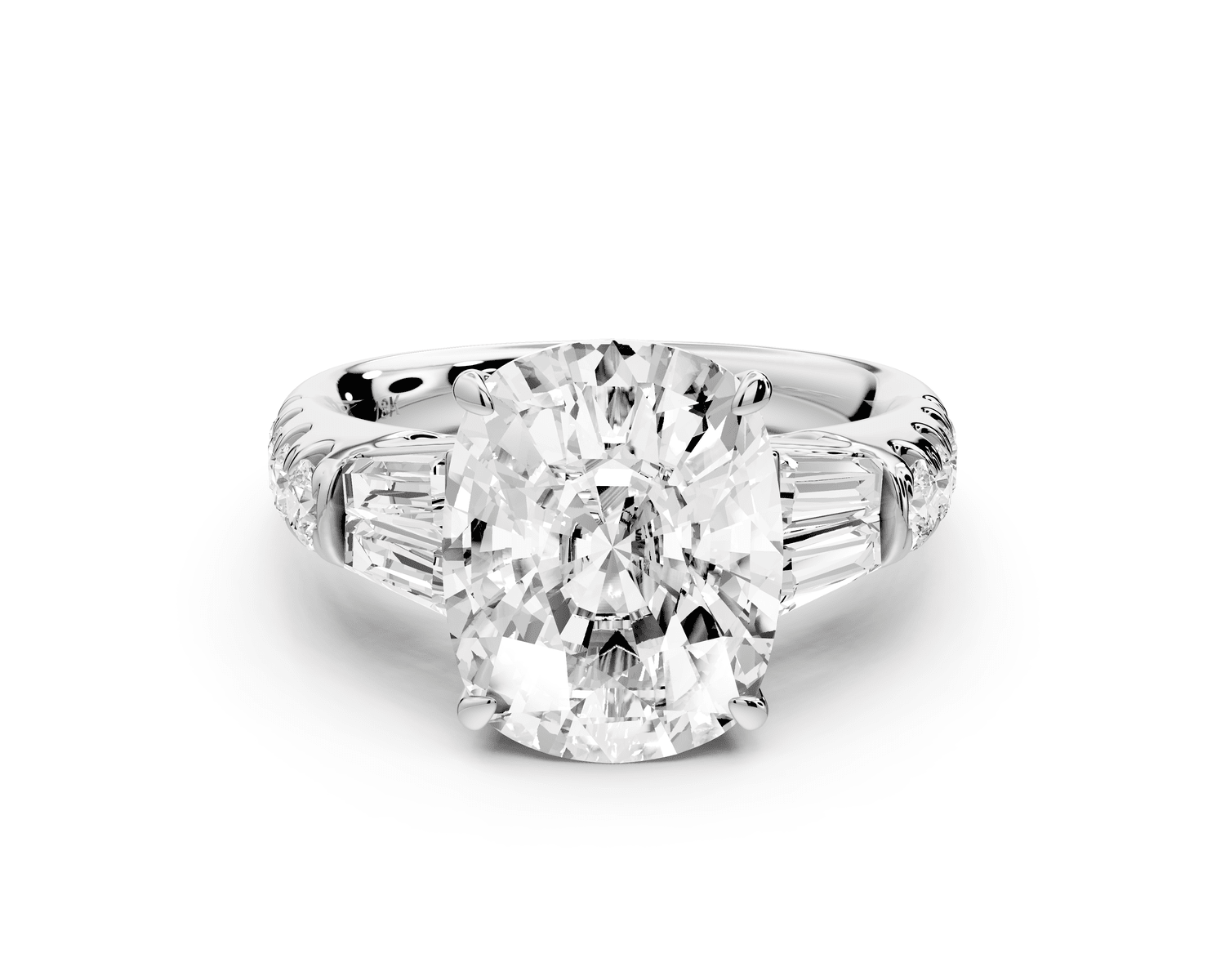 Aria - 5ct platinum Elongated Cushion Diamond with tapered baguettes and round accent stones engagement ring - Mr. Alex Jewelry