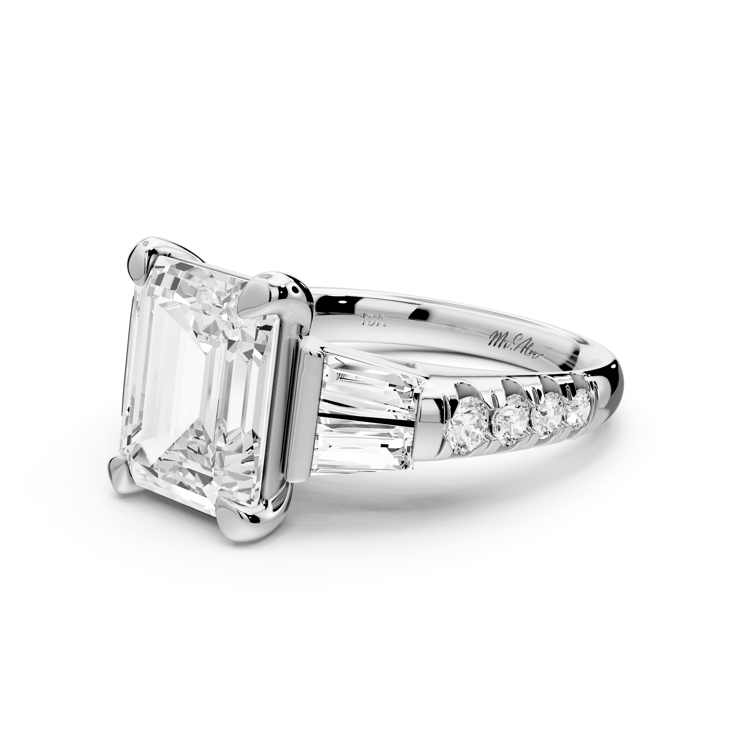 Aria - 5ct platinum emerald Diamond with tapered baguettes and round accent stones Engagement ring - Mr. Alex Jewelry