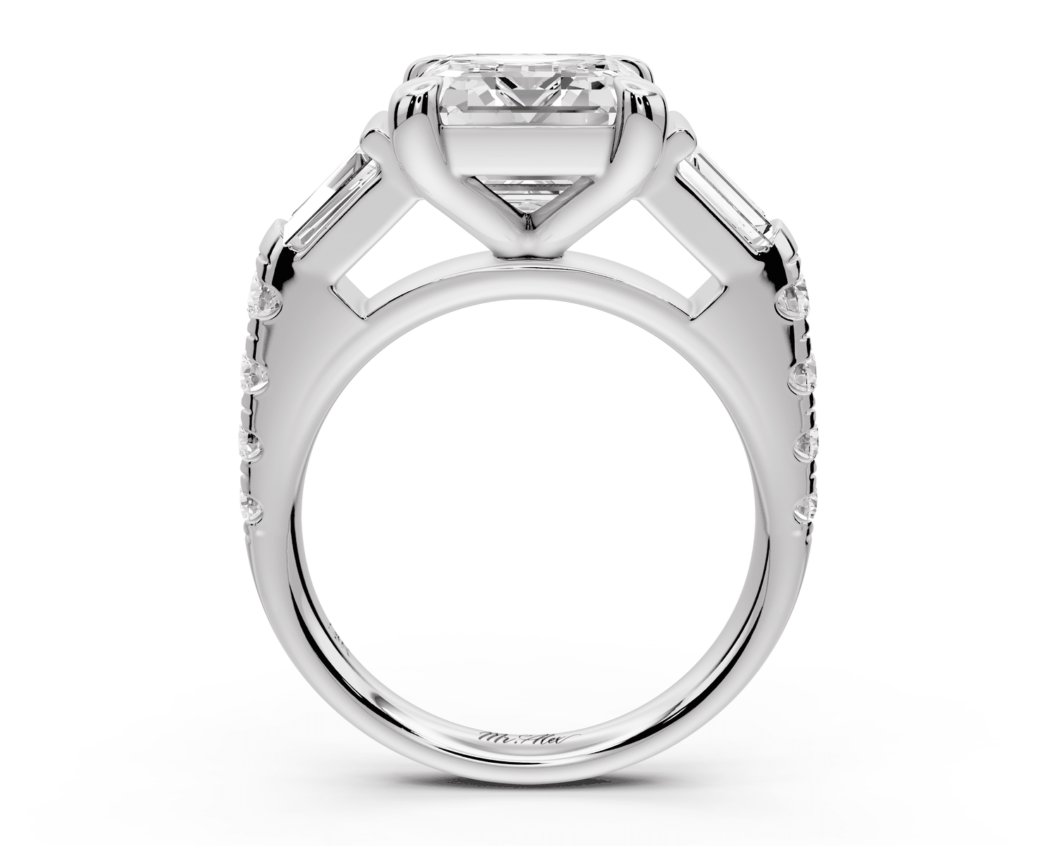 Aria - 5ct platinum emerald Diamond with tapered baguettes and round accent stones Engagement ring - Mr. Alex Jewelry