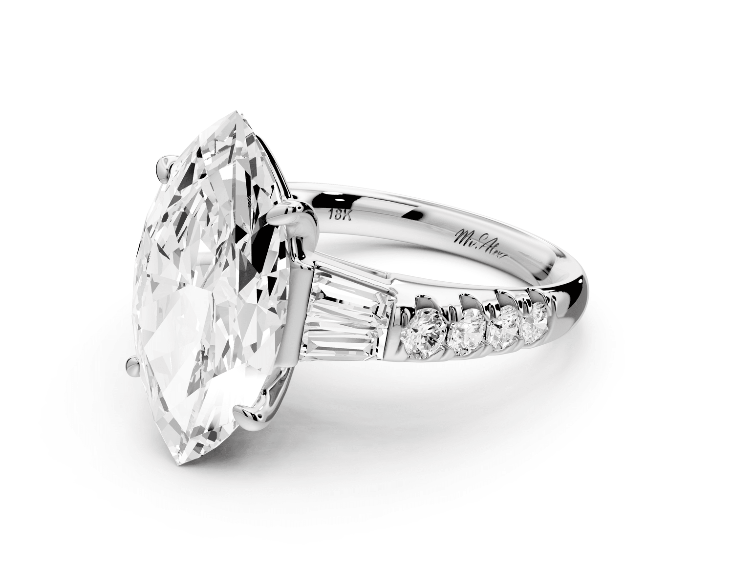 Aria - 5ct platinum marquise Diamond with tapered baguettes and round accent stones engagement ring - Mr. Alex Jewelry