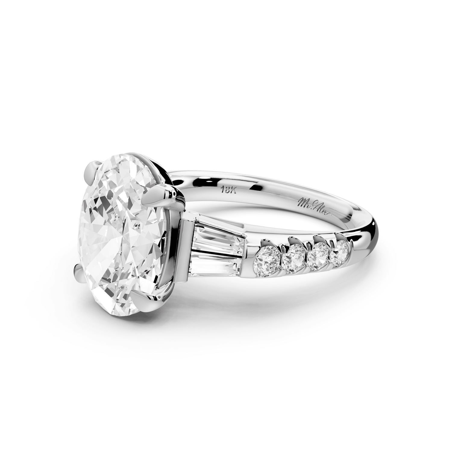 Aria - 5ct platinum oval Diamond with tapered baguettes and round accent stones Engagement ring - Mr. Alex Jewelry