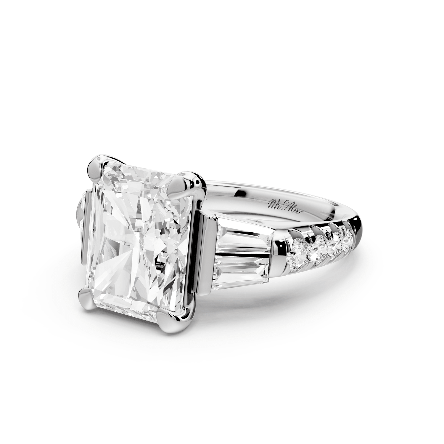 Aria - 5ct platinum radiant Diamond with tapered baguettes and round accent stones engagement ring - Mr. Alex Jewelry