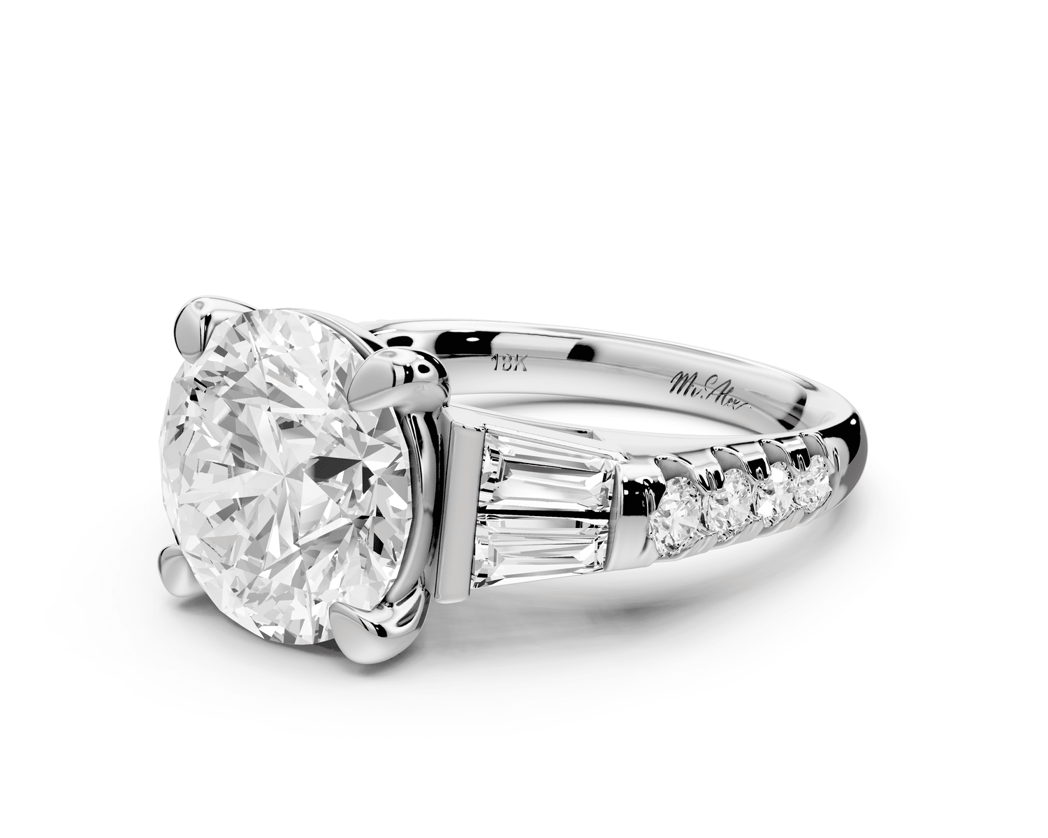 Aria - 5ct platinum round Diamond with tapered baguettes and round accent stones engagment ring - Mr. Alex Jewelry