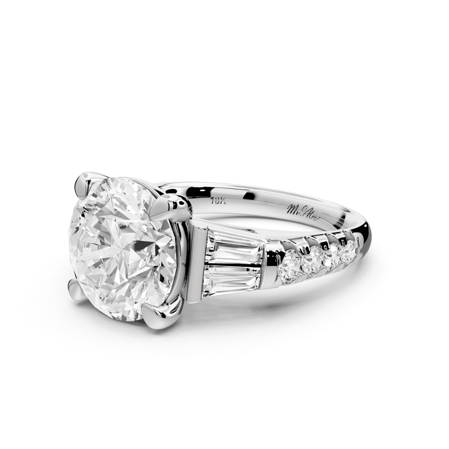 Aria - 5ct platinum round Diamond with tapered baguettes and round accent stones engagment ring - Mr. Alex Jewelry