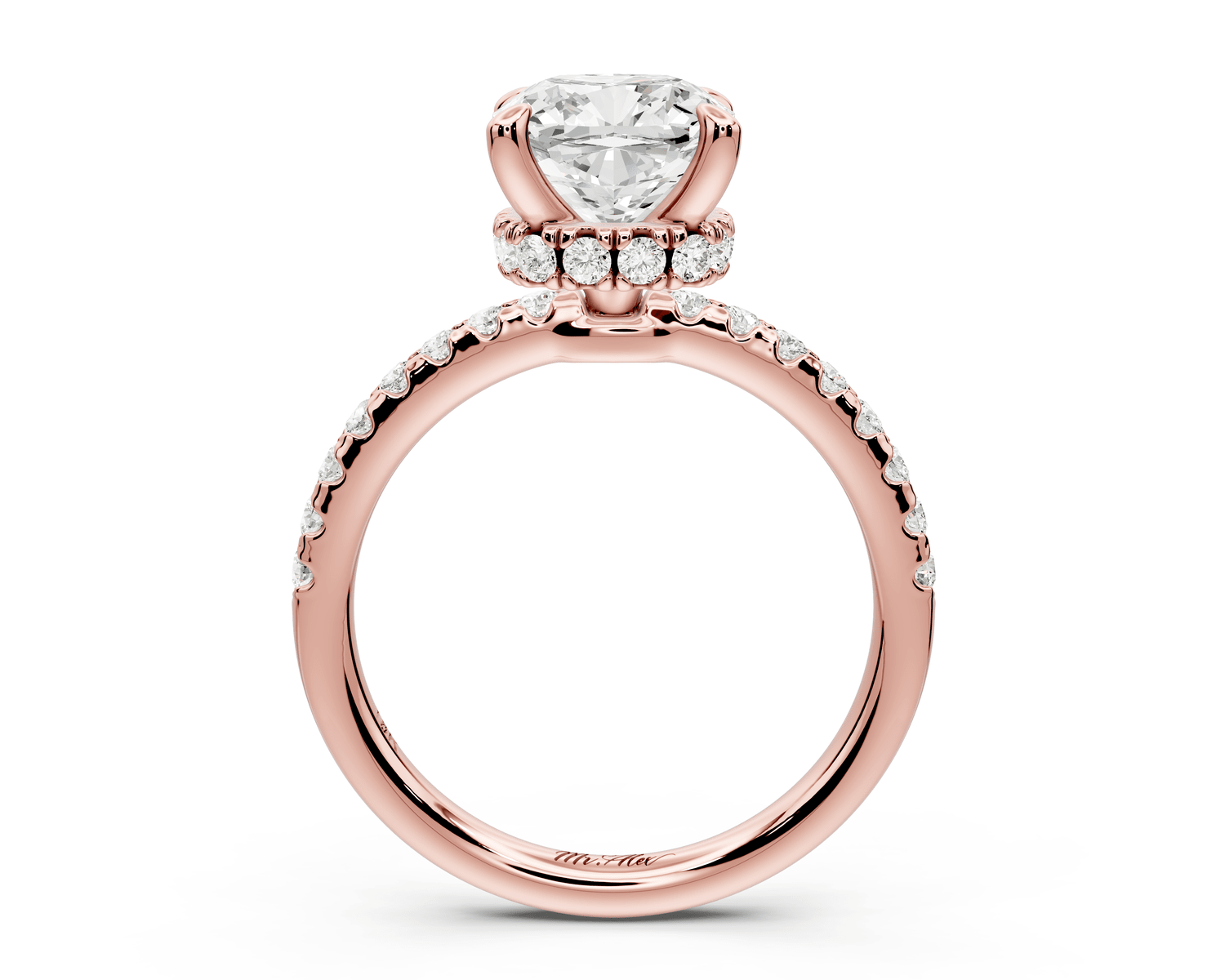 Arina - 2ct 14k rose gold cushion Diamond with a wrap around halo and pavé engagement ring - Mr. Alex Jewelry