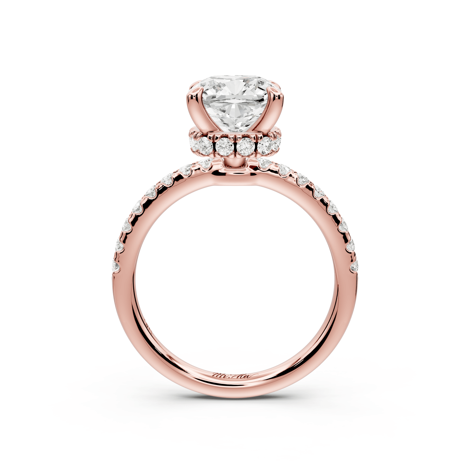 Arina - 2ct 14k rose gold cushion Diamond with a wrap around halo and pavé engagement ring - Mr. Alex Jewelry